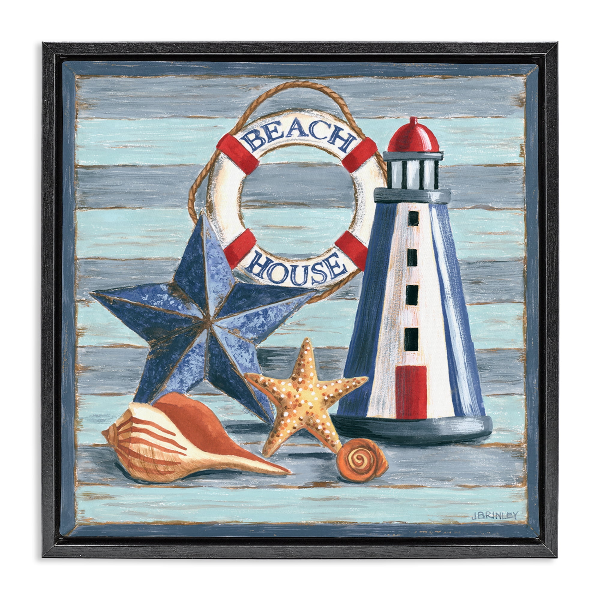 Stupell Industries Rustic Beach House on Stripes Nautical & Beach Painting Black Floater Framed Canvas Art Print Wall Art, 18 x 18