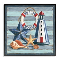 Stupell Industries Rustic Beach House on Stripes Nautical & Beach Painting Black Framed Art Print Wall Art, 12 x 12