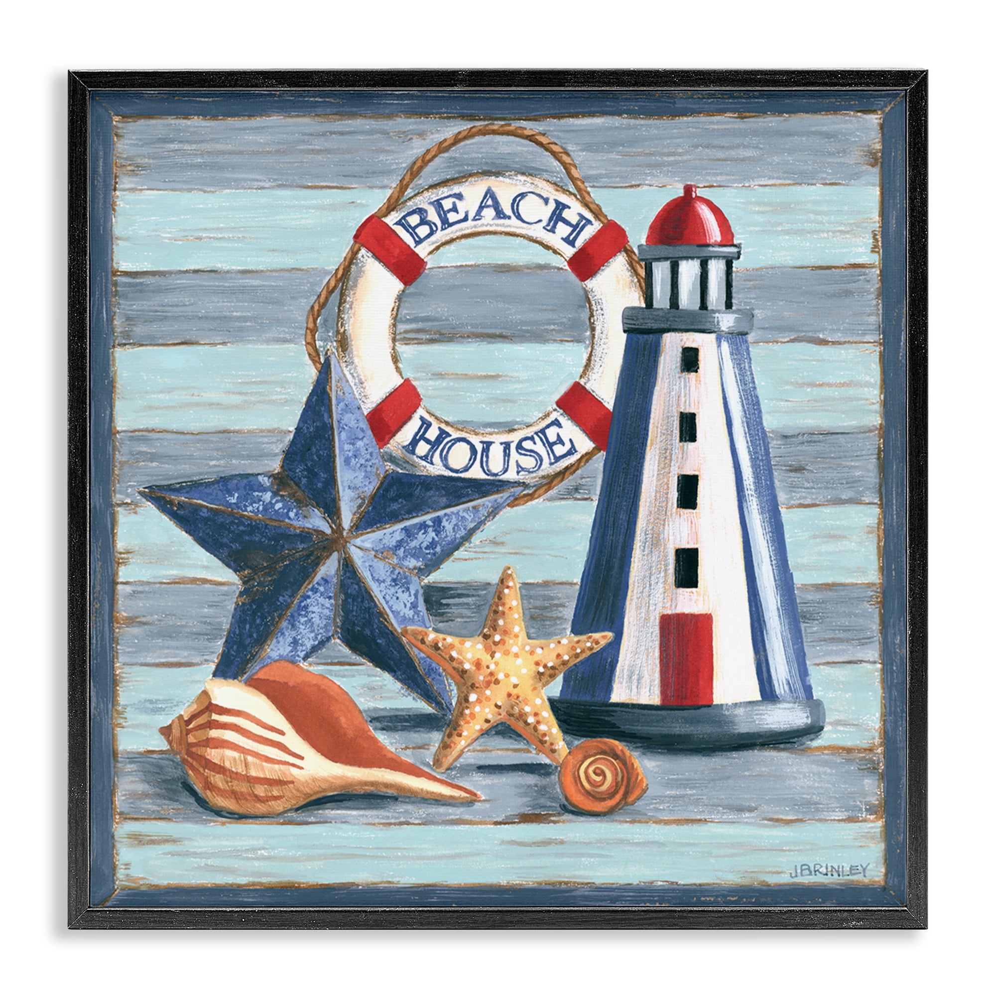 Stupell Industries Rustic Beach House on Stripes Nautical & Beach Painting Black Framed Art Print Wall Art, 17 x 17