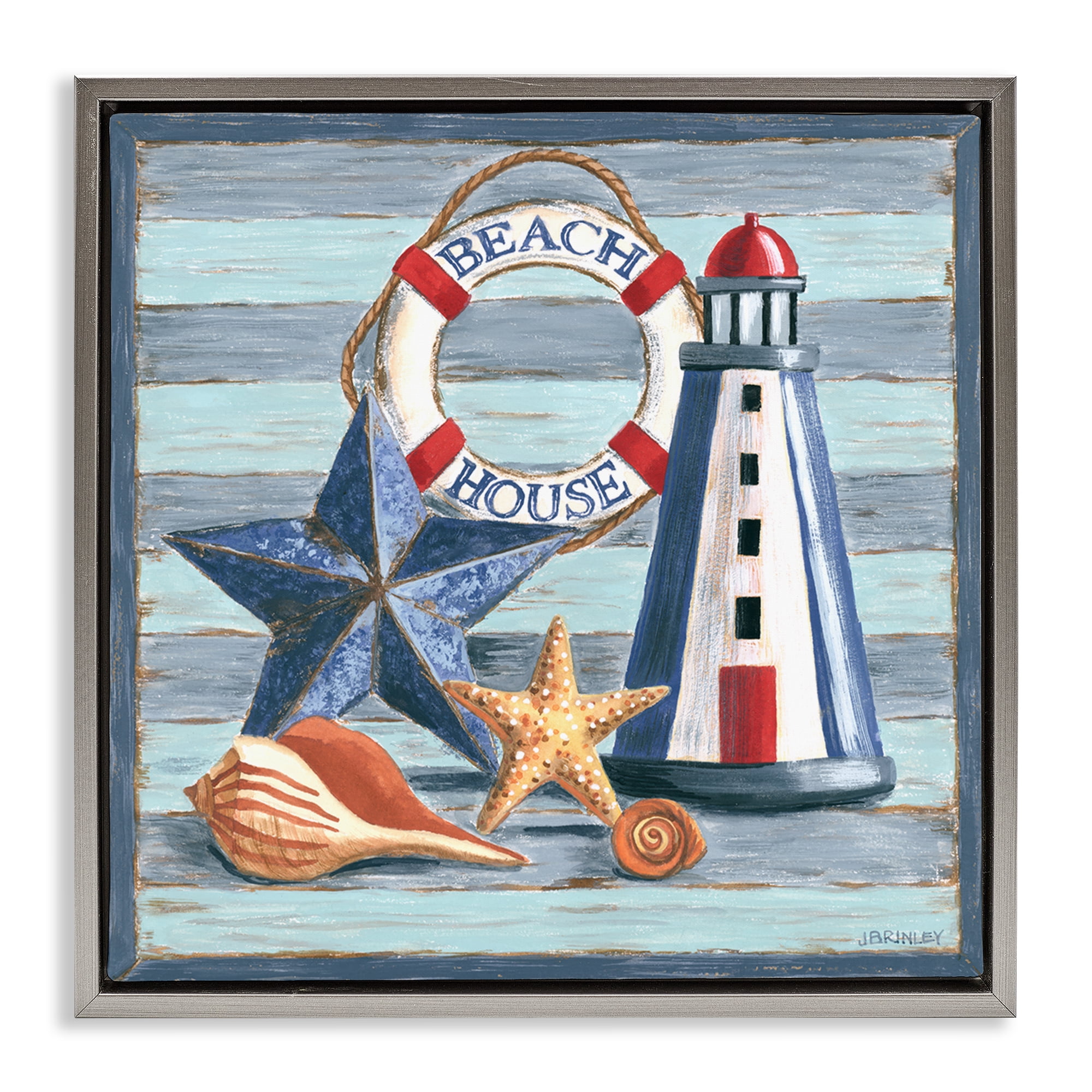 Stupell Industries Rustic Beach House on Stripes Nautical & Beach Painting Gray Floater Framed Canvas Art Print Wall Art, 18 x 18