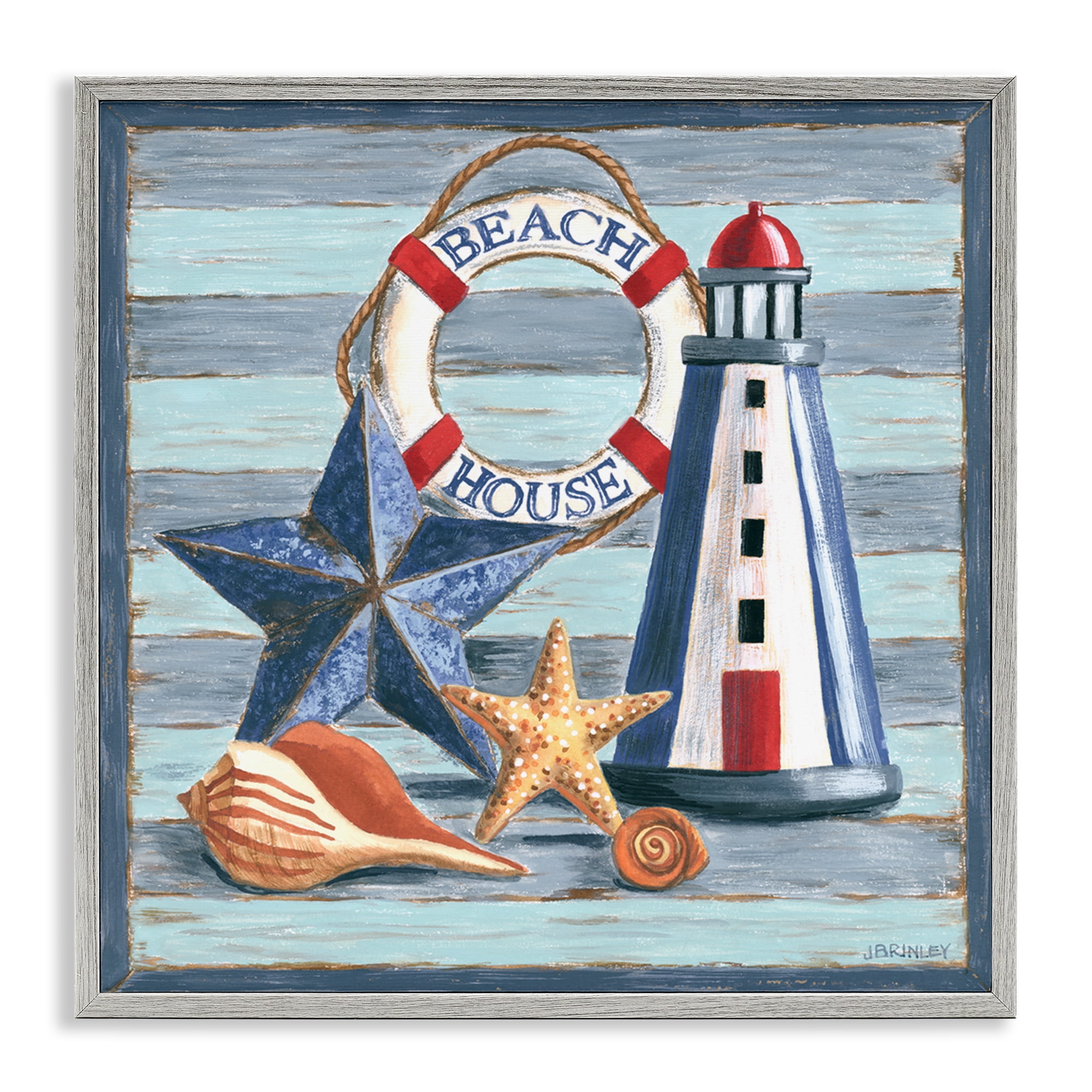 Stupell Industries Rustic Beach House on Stripes Nautical & Beach Painting Gray Framed Art Print Wall Art, 12 x 12