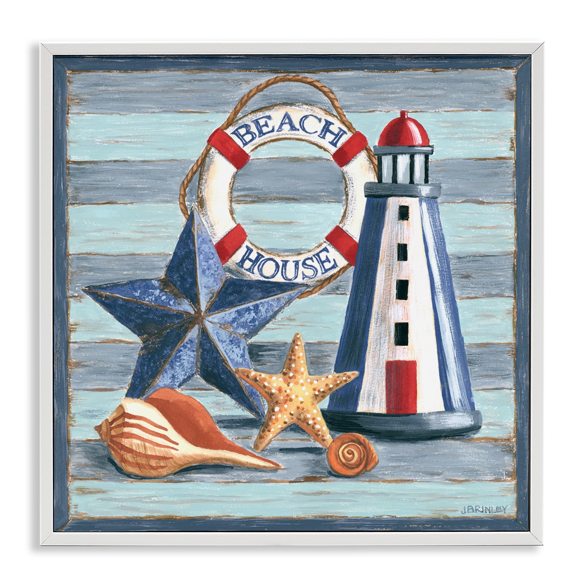 Stupell Industries Rustic Beach House on Stripes Nautical & Beach Painting White Framed Art Print Wall Art, 24 x 24