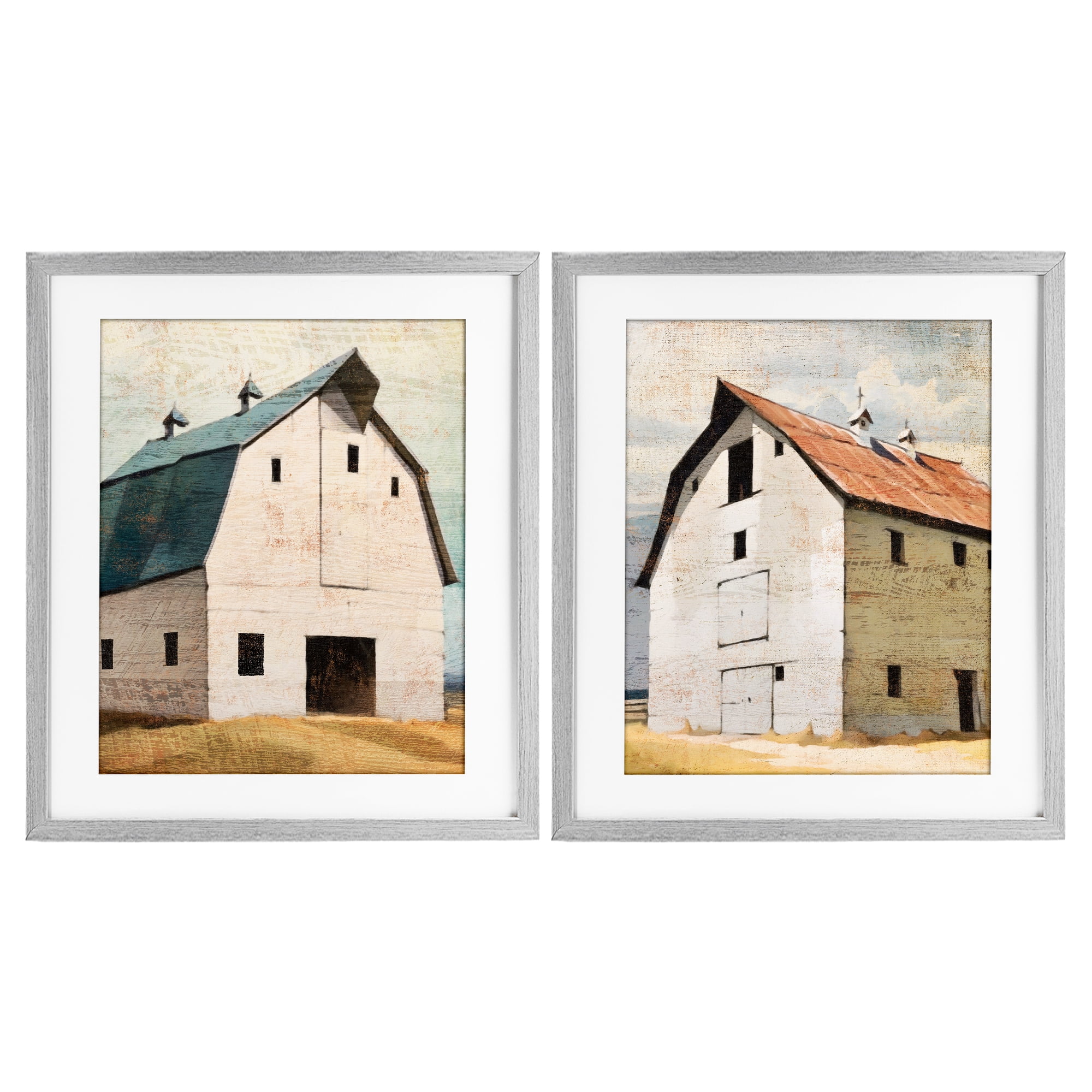 Stupell Industries Rustic Big Barns 2 Piece Gray Framed Print Under Glass Set, design by Susan Jill