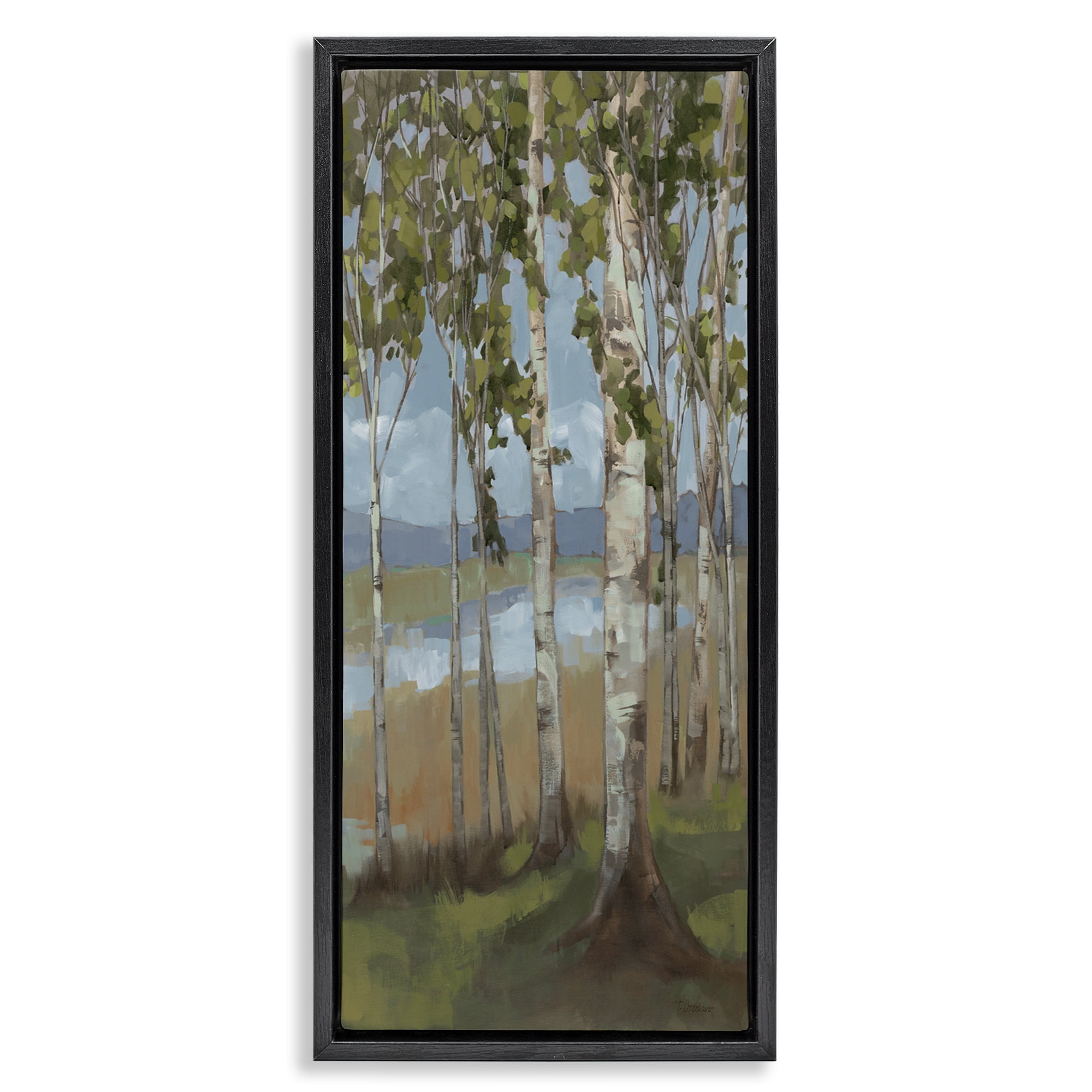 Stupell Industries Rustic Birch Copse Landscape Painting Black Floater Framed Art Print Wall Art, 11 x 25