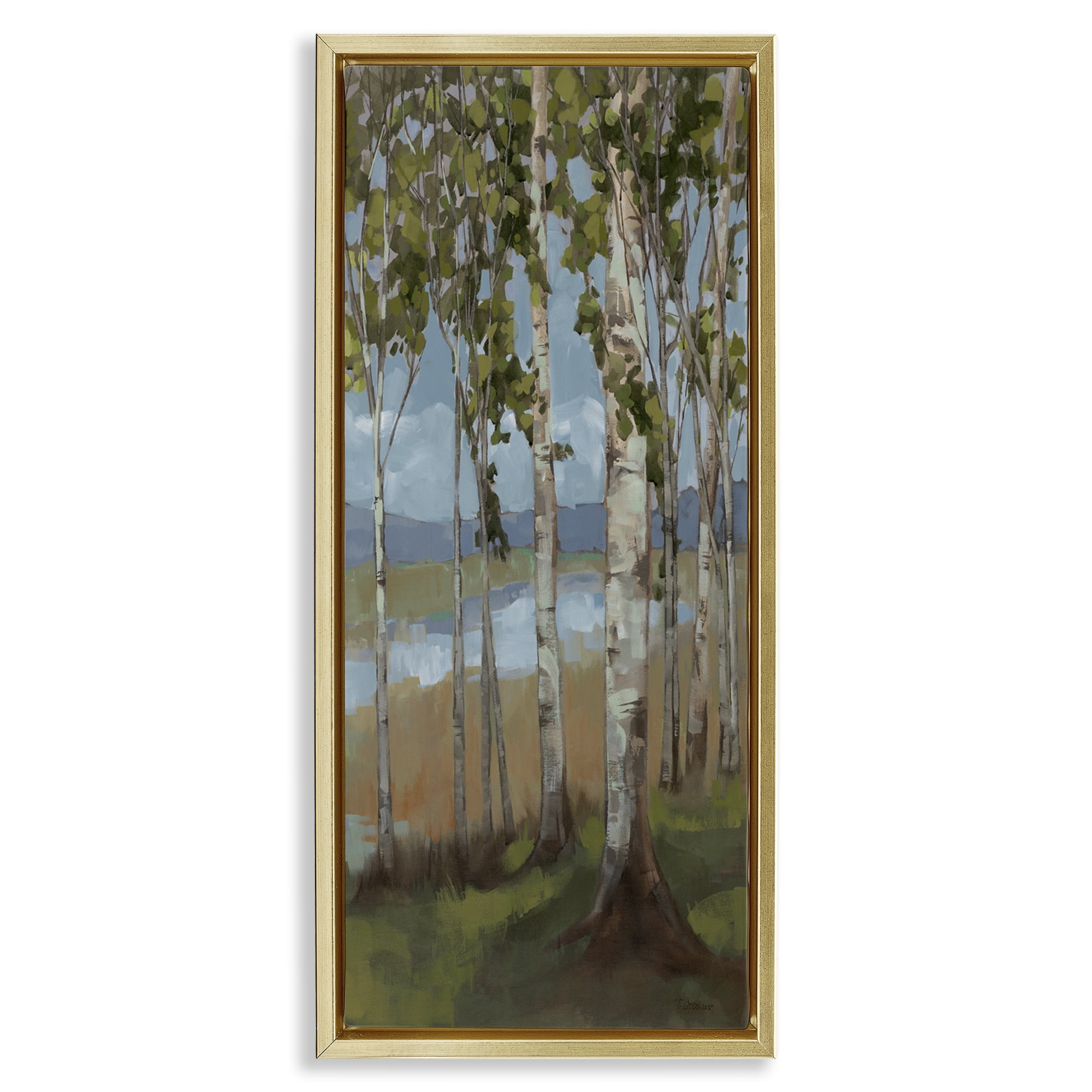 Stupell Industries Rustic Birch Copse Landscape Painting Gold Floater Framed Art Print Wall Art, 15 x 31