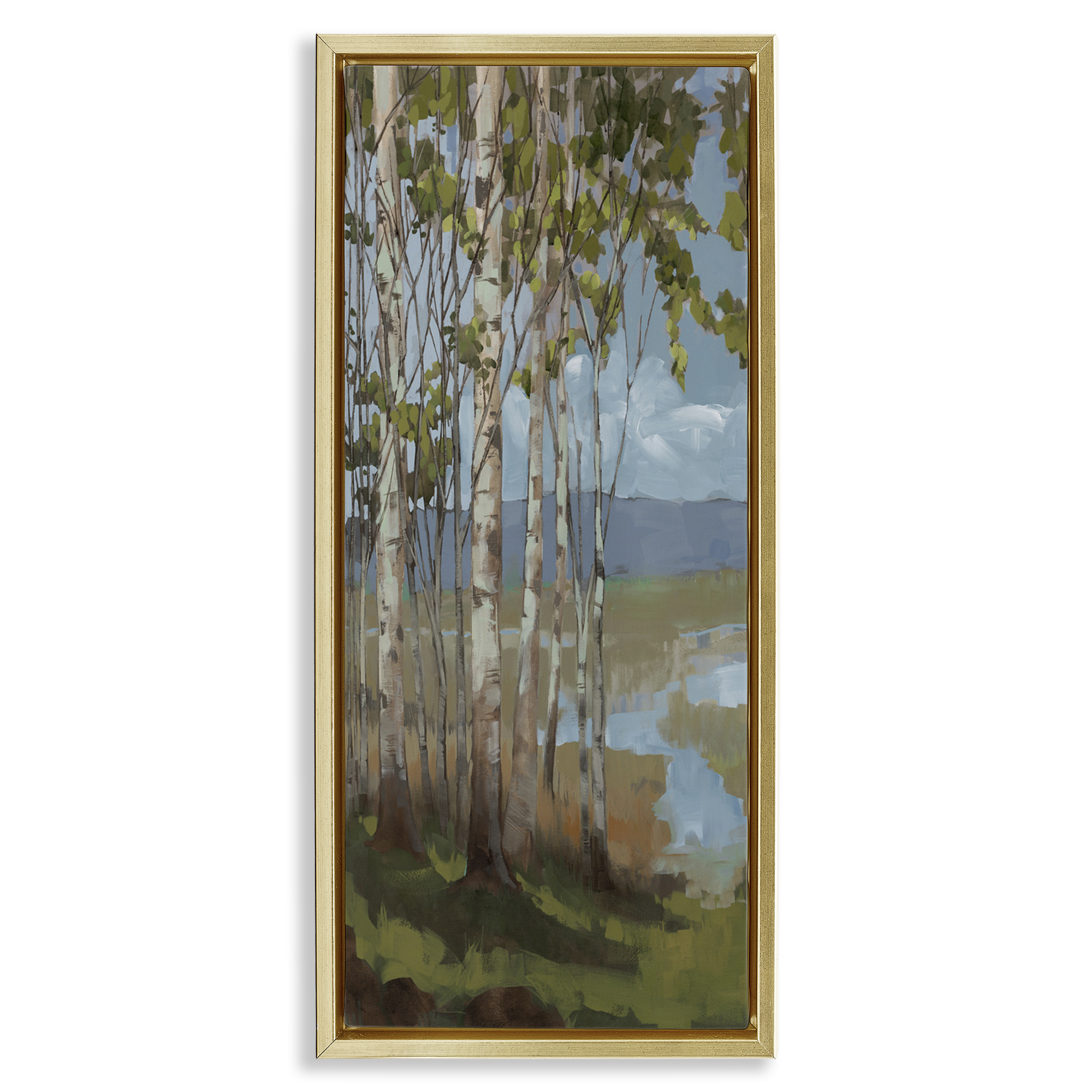 Stupell Industries Rustic Birch Grove Landscape Painting Gold Floater Framed Art Print Wall Art, 15 x 31