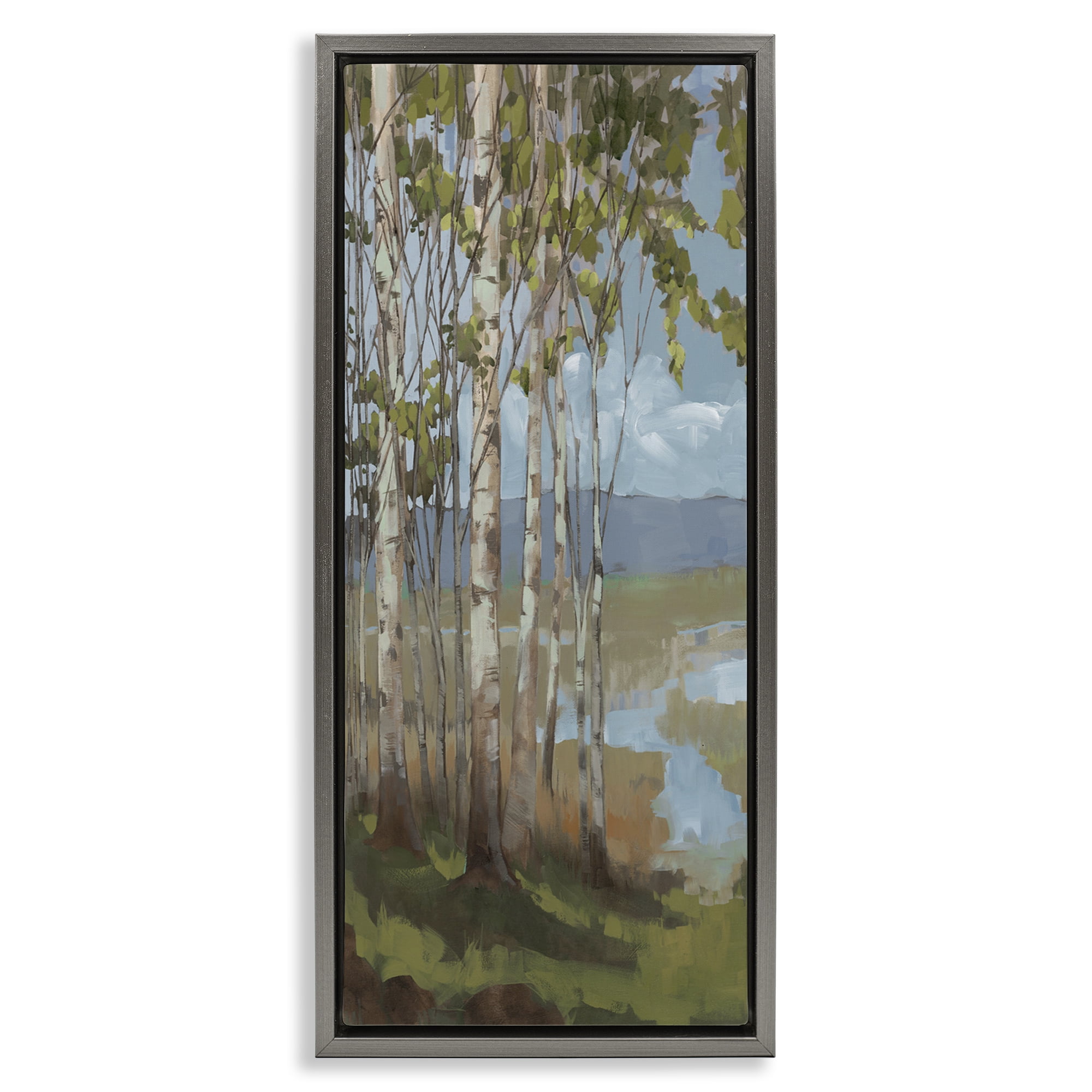 Stupell Industries Rustic Birch Grove Landscape Painting Gray Floater Framed Art Print Wall Art, 11 x 25