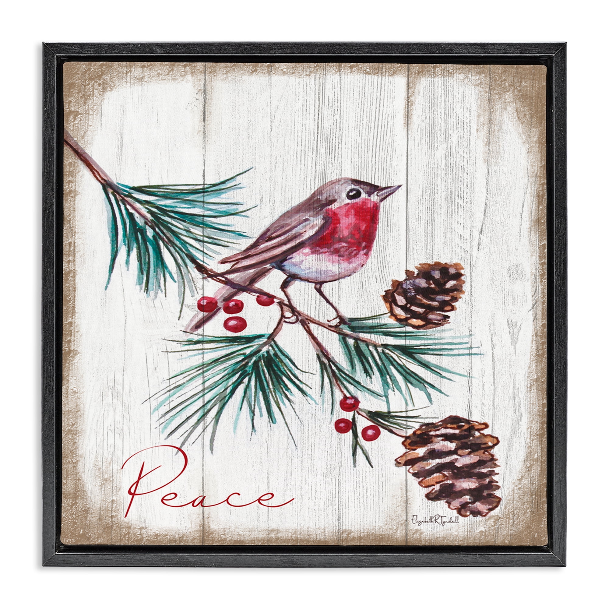Stupell Industries Rustic Bird & Pinecones Holiday Painting Black Floater Framed Canvas Art Prints Wall Art, 25 x 25