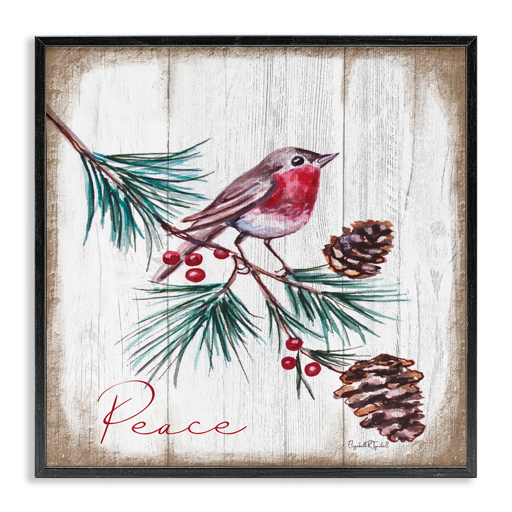 Stupell Industries Rustic Bird & Pinecones Holiday Painting Black Framed Art Prints Wall Art, 17 x 17