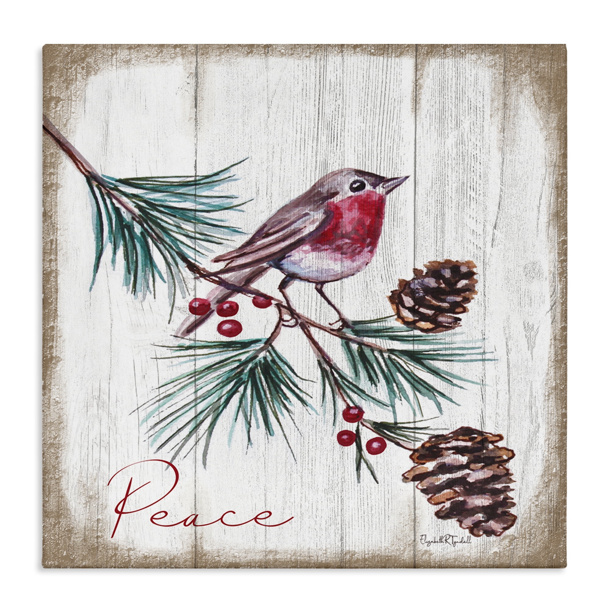 Stupell Industries Rustic Bird & Pinecones Holiday Painting Gallery Wrapped Canvas Art Prints Wall Art, 24 x 24