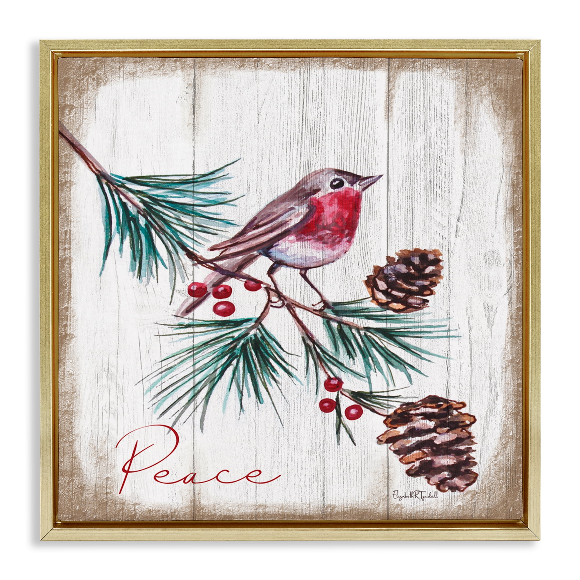 Stupell Industries Rustic Bird & Pinecones Holiday Painting Gold Floater Framed Canvas Art Prints Wall Art, 18 x 18