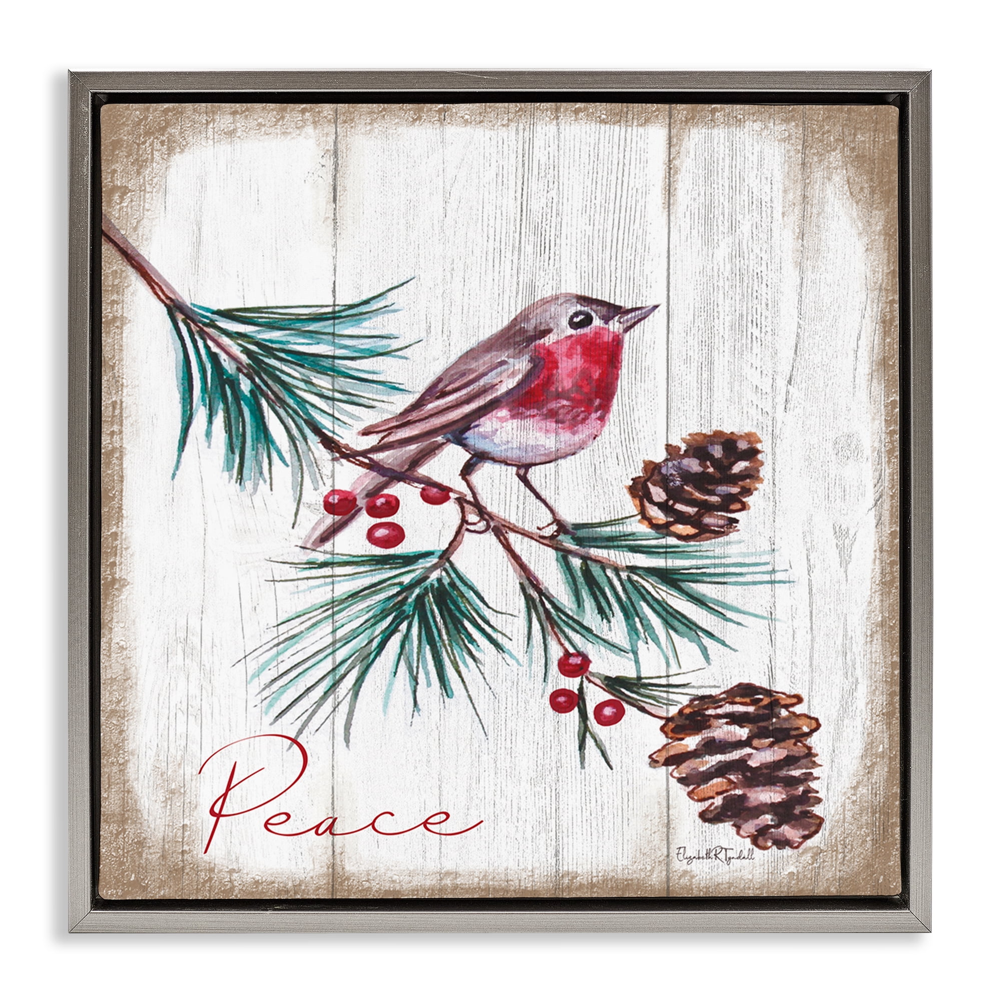 Stupell Industries Rustic Bird & Pinecones Holiday Painting Gray Floater Framed Canvas Art Prints Wall Art, 18 x 18