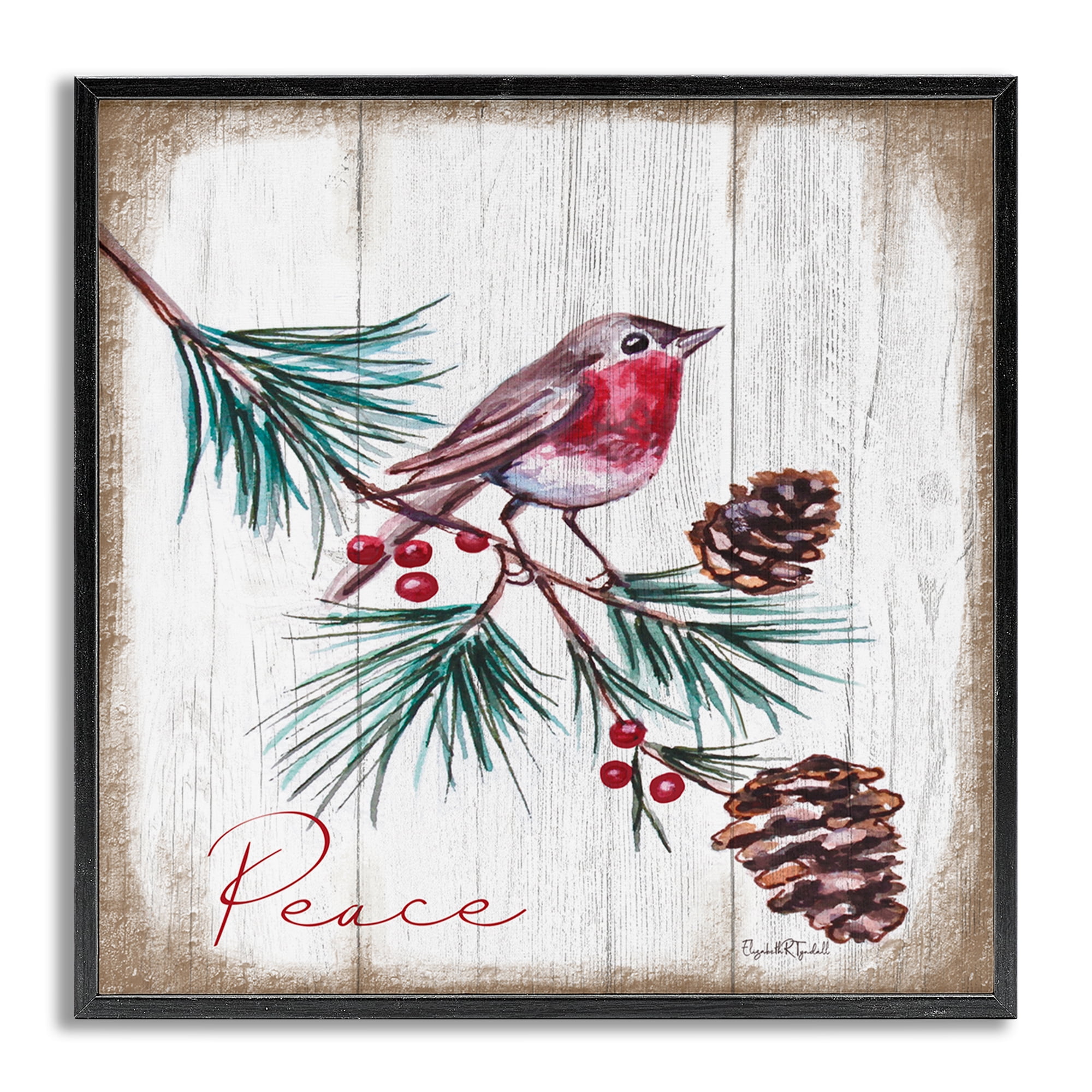 Stupell Industries Rustic Bird & Pinecones Holiday Painting Gray Framed Art Prints Wall Art, 24 x 24