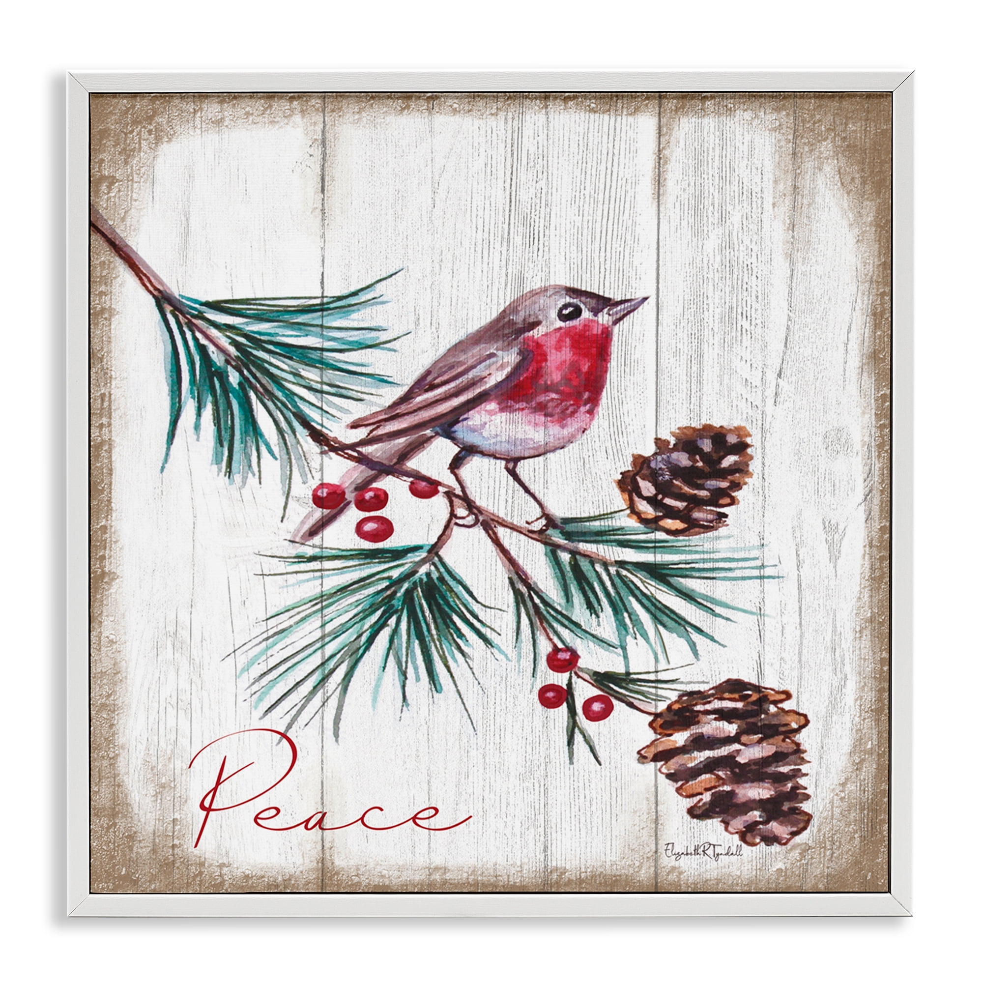 Stupell Industries Rustic Bird & Pinecones Holiday Painting White Framed Art Prints Wall Art, 12 x 12