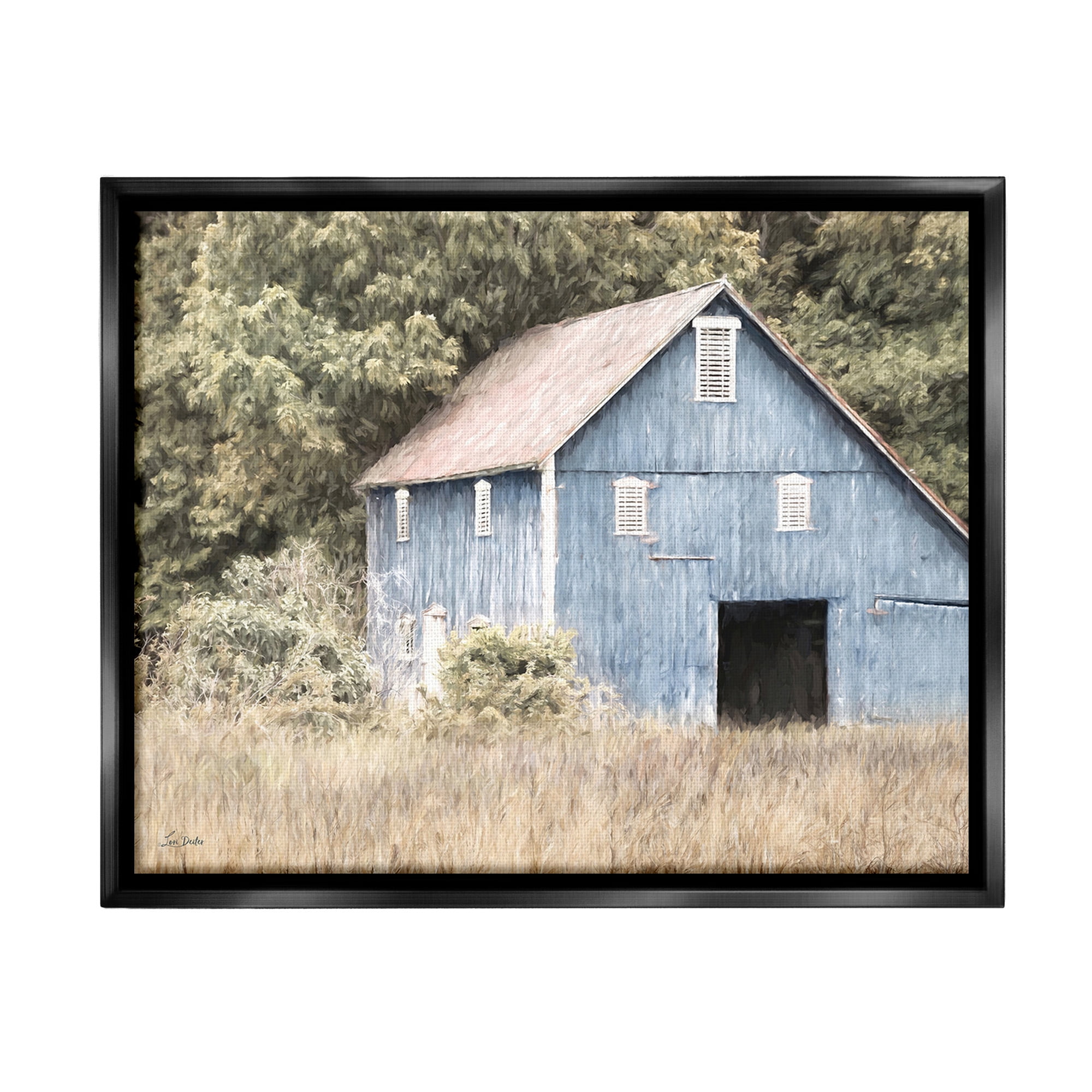 Stupell Industries Rustic Blue Barn Landscape Painting Black Floater Framed Canvas Art Print Wall Art, 21 x 17