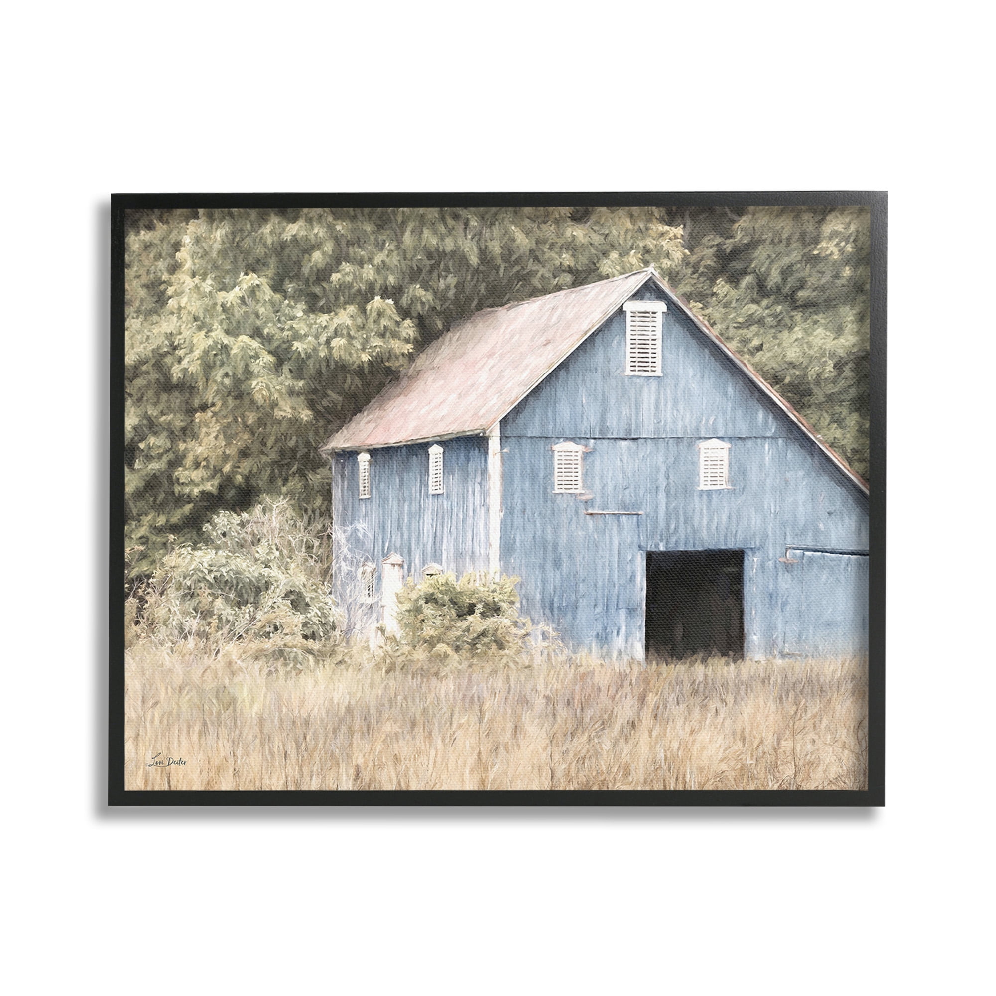 Stupell Industries Rustic Blue Barn Landscape Painting Black Framed Art Print Wall Art, 20 x 16
