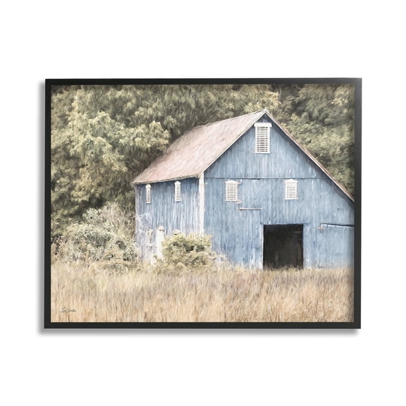 Stupell Industries Rustic Blue Barn Landscape Painting Black Framed Art Print Wall Art, 30 x 24