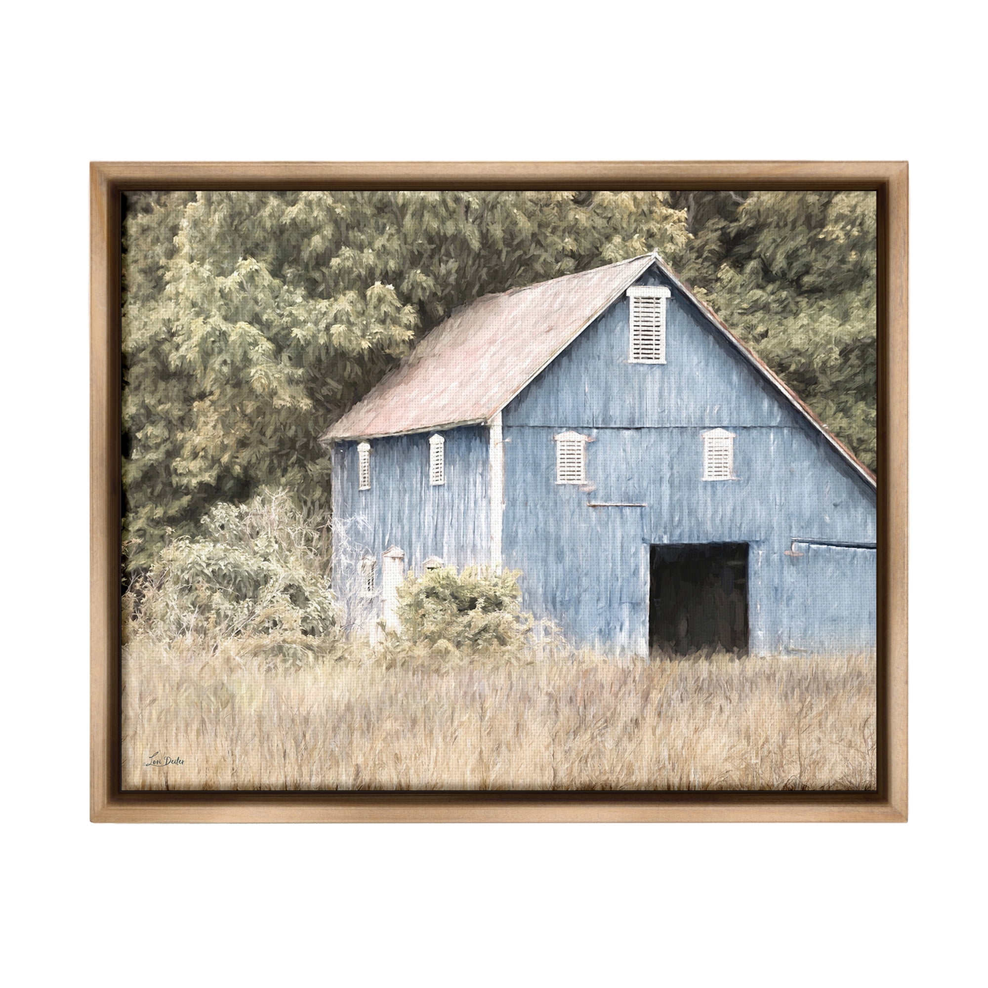 Stupell Industries Rustic Blue Barn Landscape Painting Brown Floater Framed Canvas Art Print Wall Art, 31 x 25