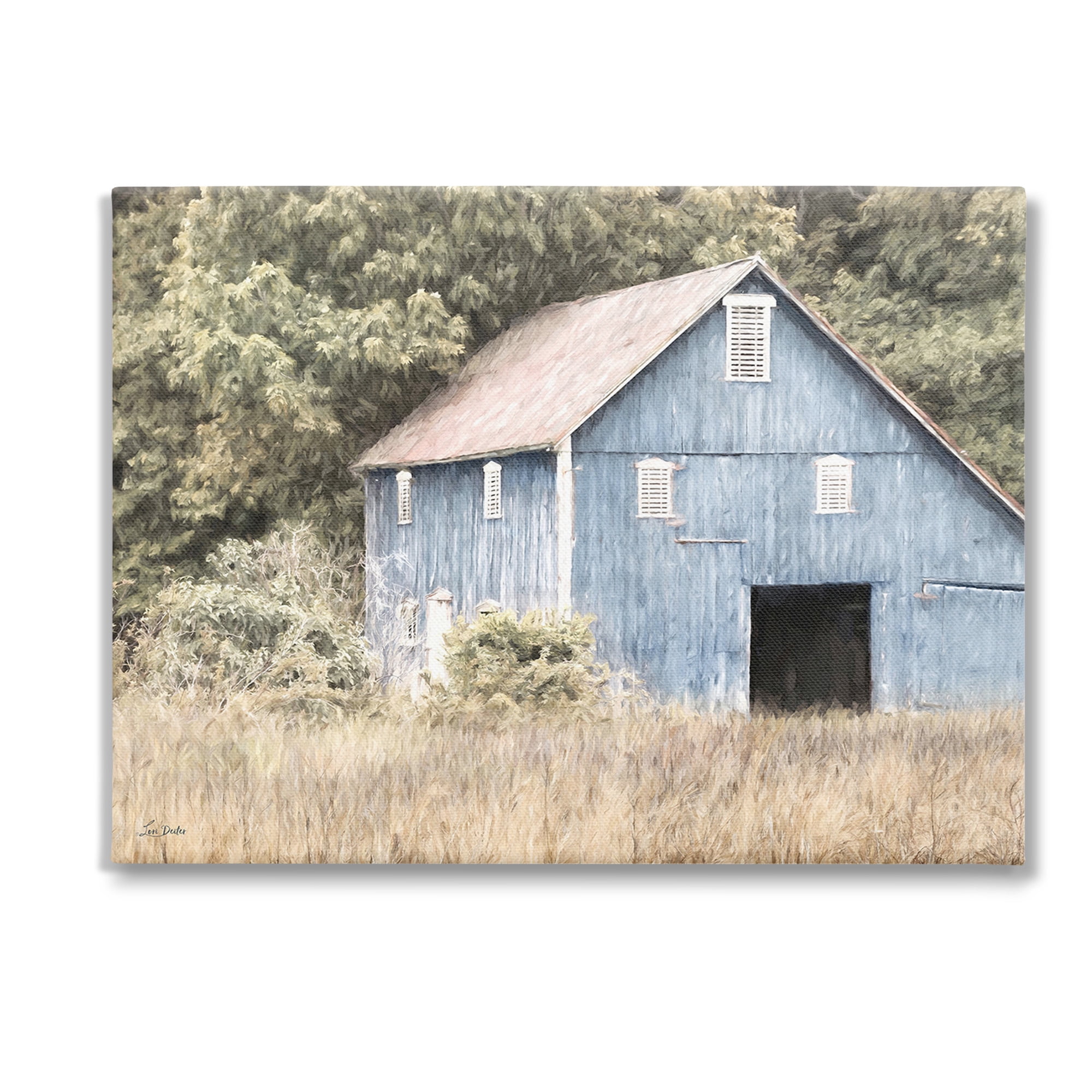 Stupell Industries Rustic Blue Barn Landscape Painting Gallery Wrapped Canvas Art Print Wall Art, 48 x 36