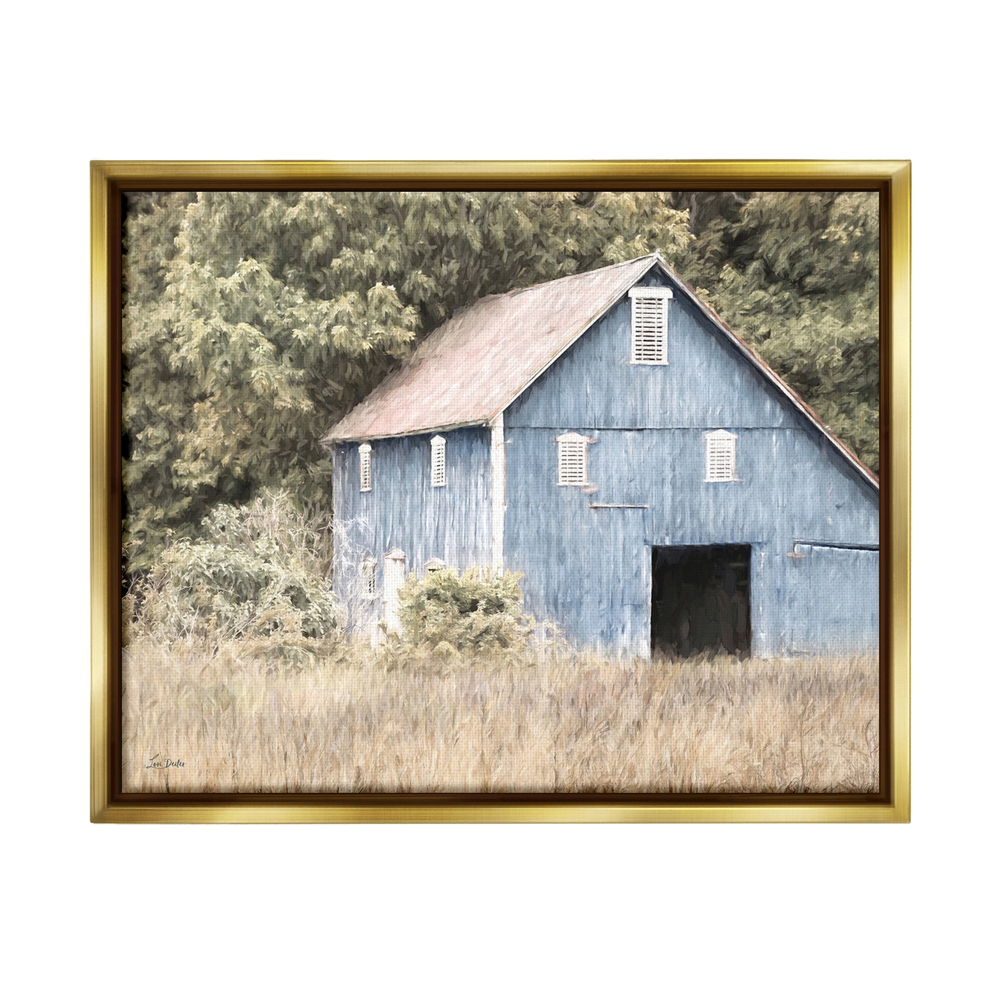 Stupell Industries Rustic Blue Barn Landscape Painting Gold Floater Framed Canvas Art Print Wall Art, 31 x 25