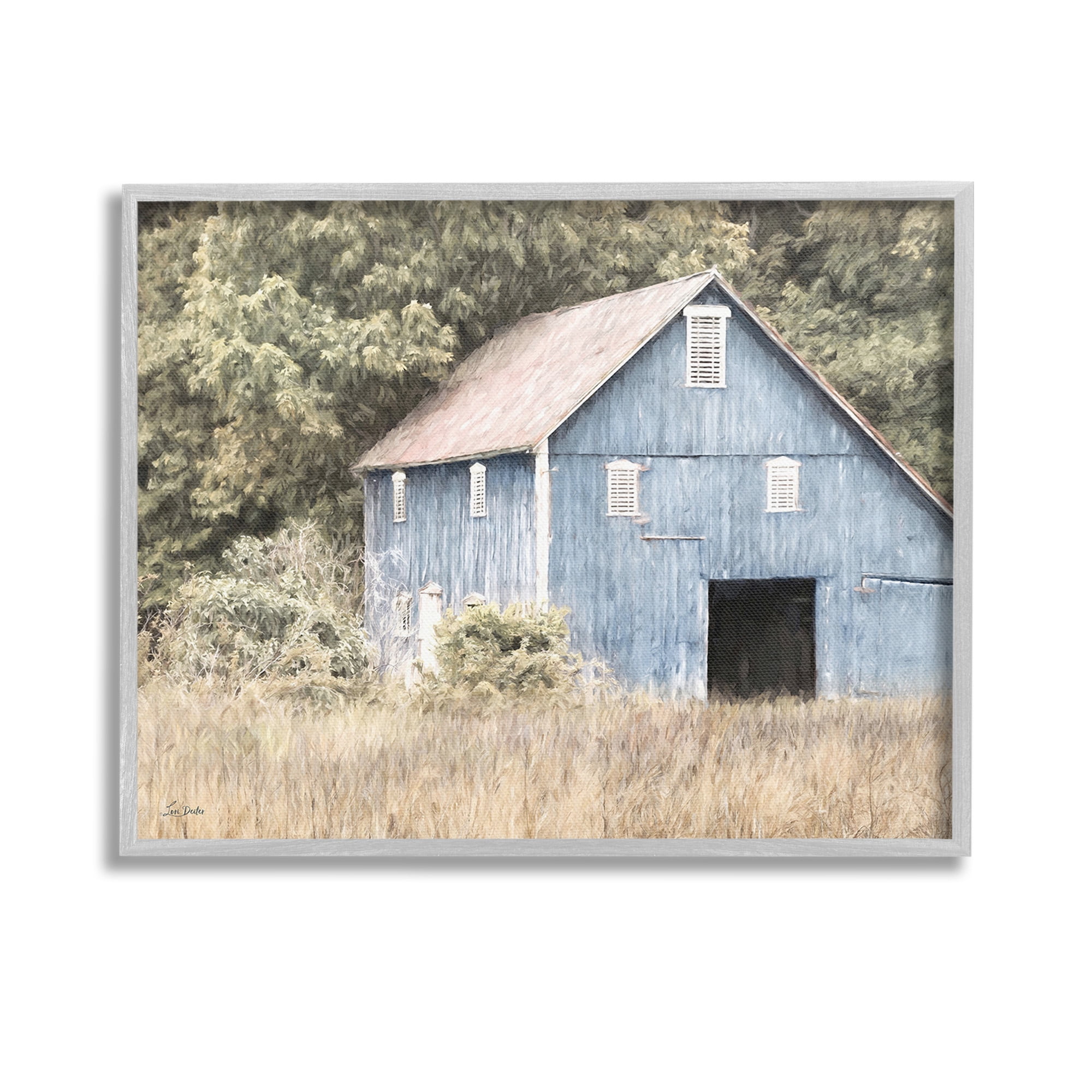 Stupell Industries Rustic Blue Barn Landscape Painting Gray Framed Art Print Wall Art, 14 x 11