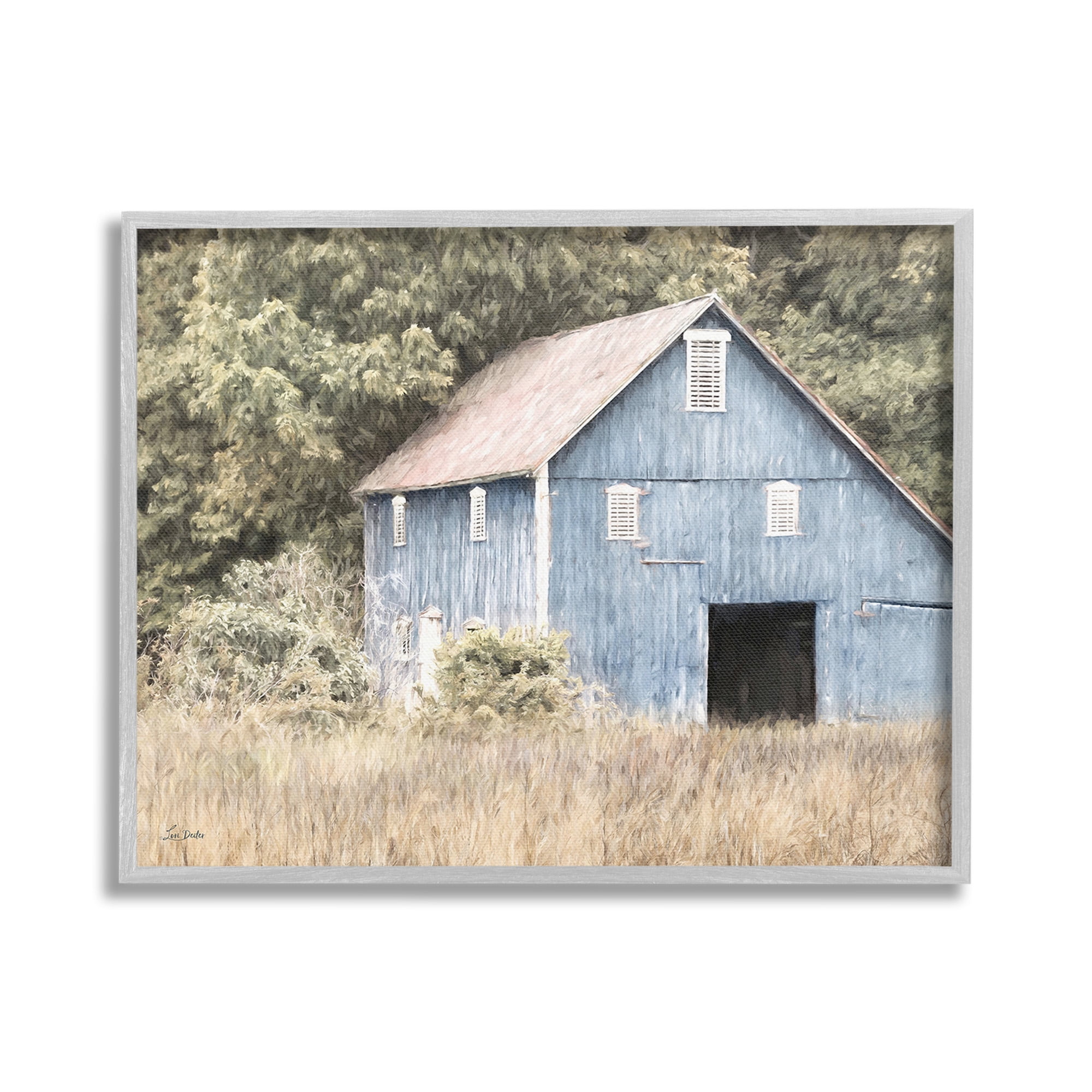Stupell Industries Rustic Blue Barn Landscape Painting Gray Framed Art Print Wall Art, 30 x 24