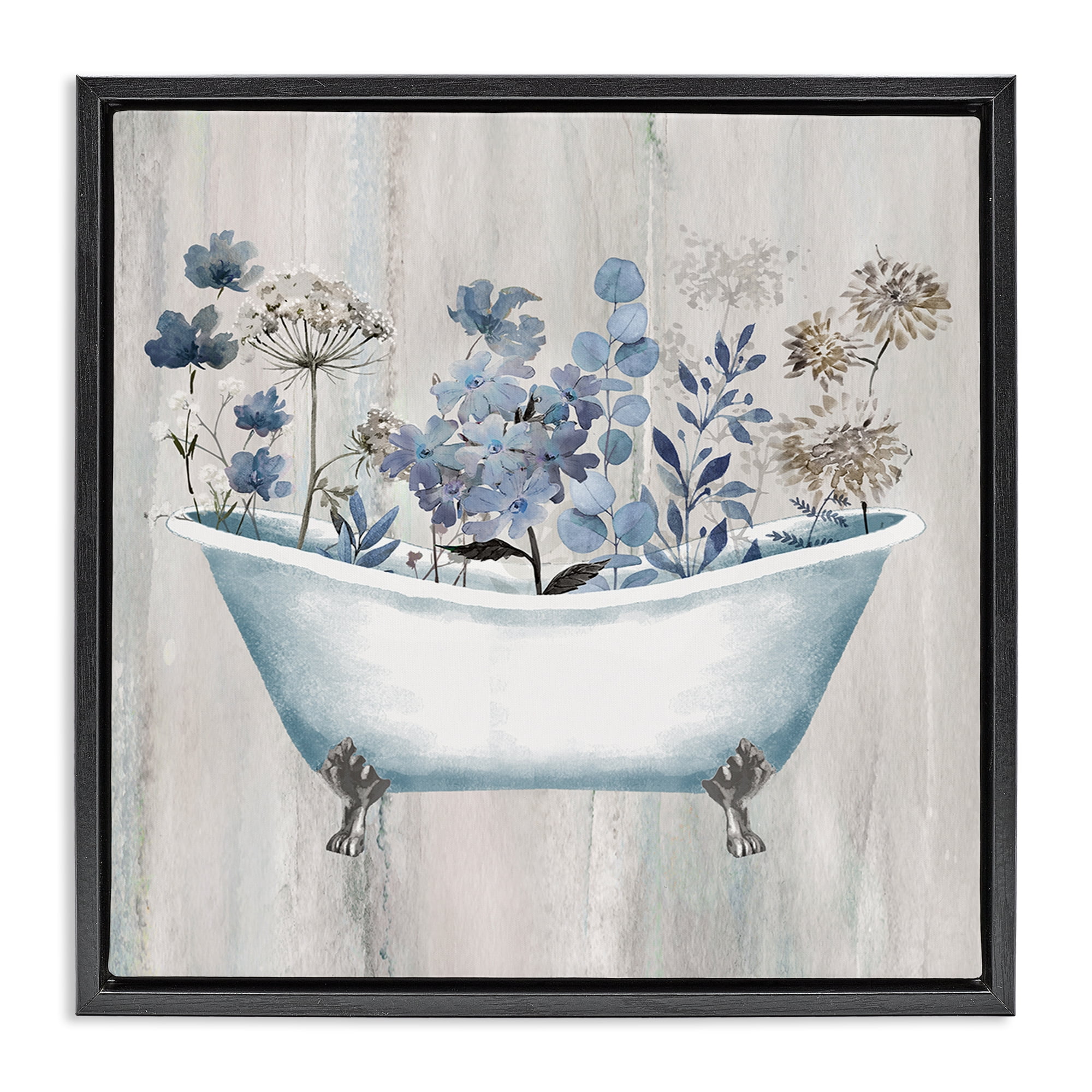 Stupell Industries Rustic Blue Floral Tub Bath & Laundry Painting Black Floater Framed Canvas Art Print Wall Art, 25 x 25