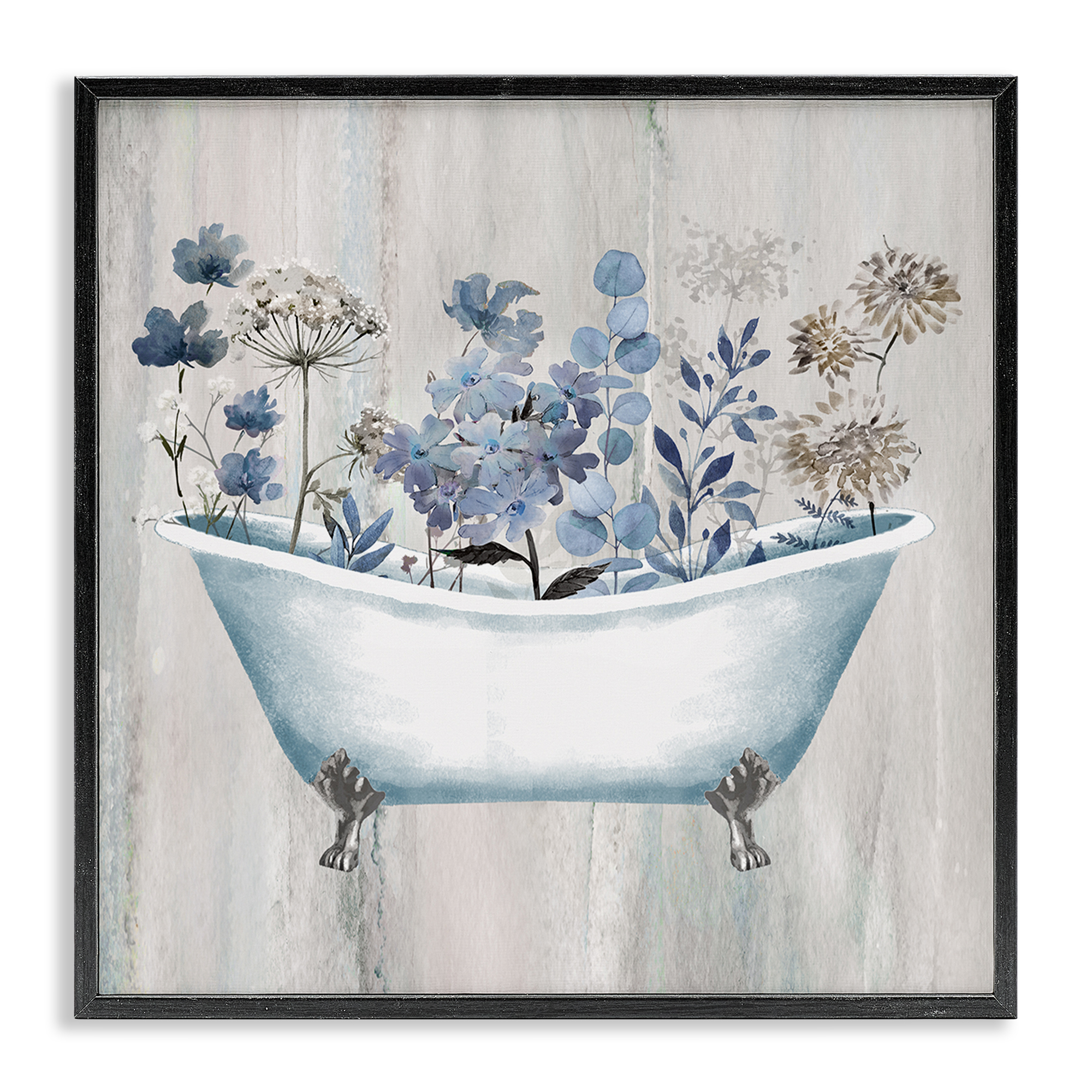 Stupell Industries Rustic Blue Floral Tub Bath & Laundry Painting Black Framed Art Print Wall Art, 12 x 12