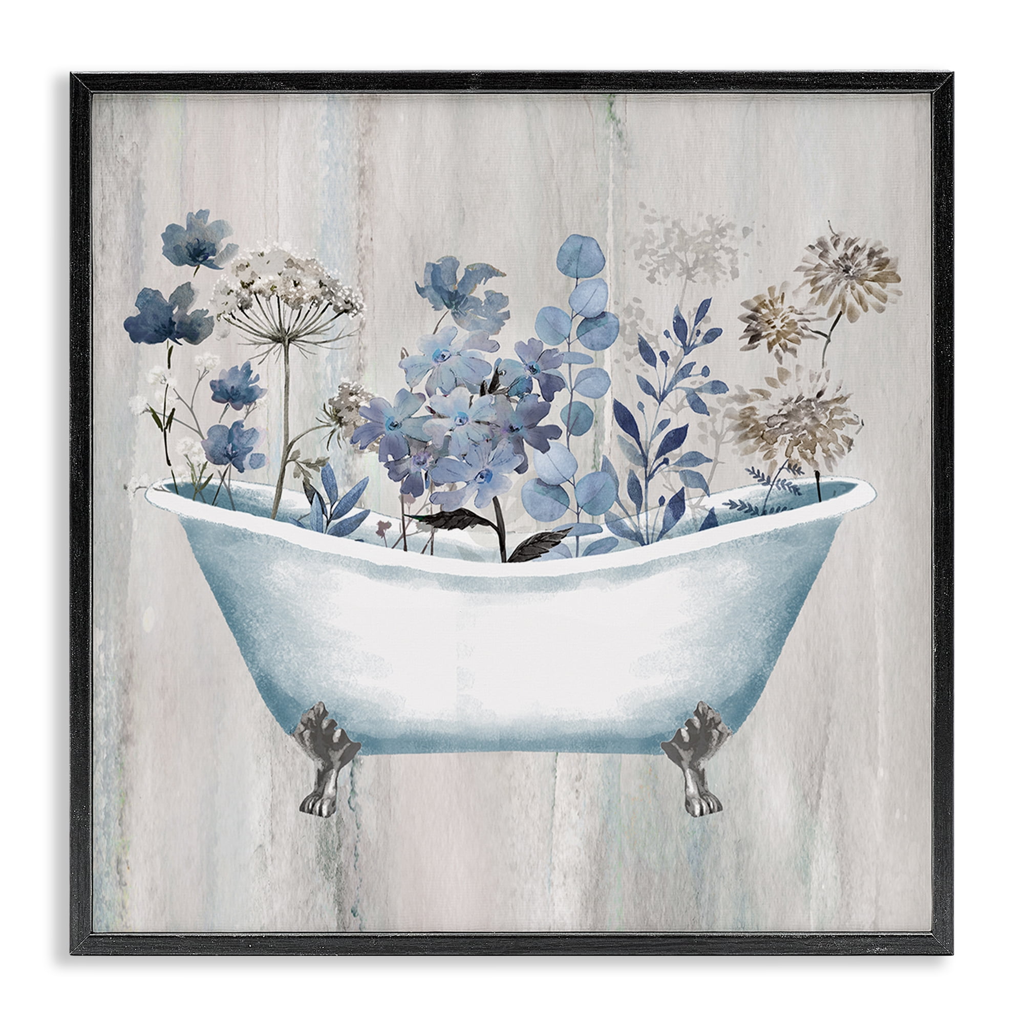 Stupell Industries Rustic Blue Floral Tub Bath & Laundry Painting Black Framed Art Print Wall Art, 17 x 17