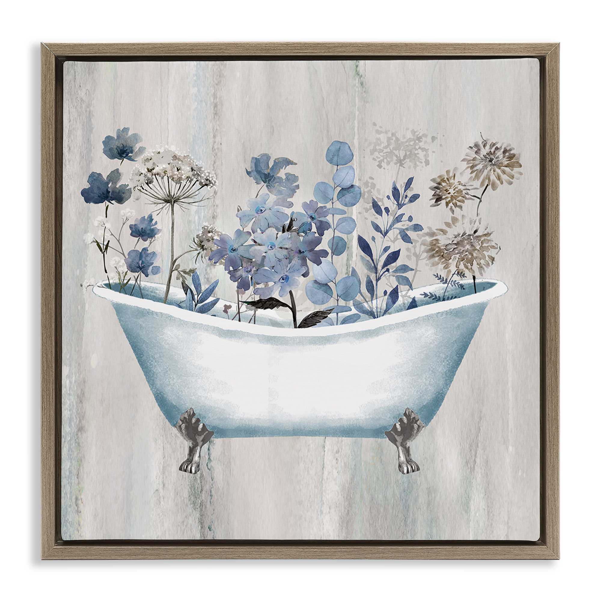 Stupell Industries Rustic Blue Floral Tub Bath & Laundry Painting Brown Floater Framed Canvas Art Print Wall Art, 18 x 18