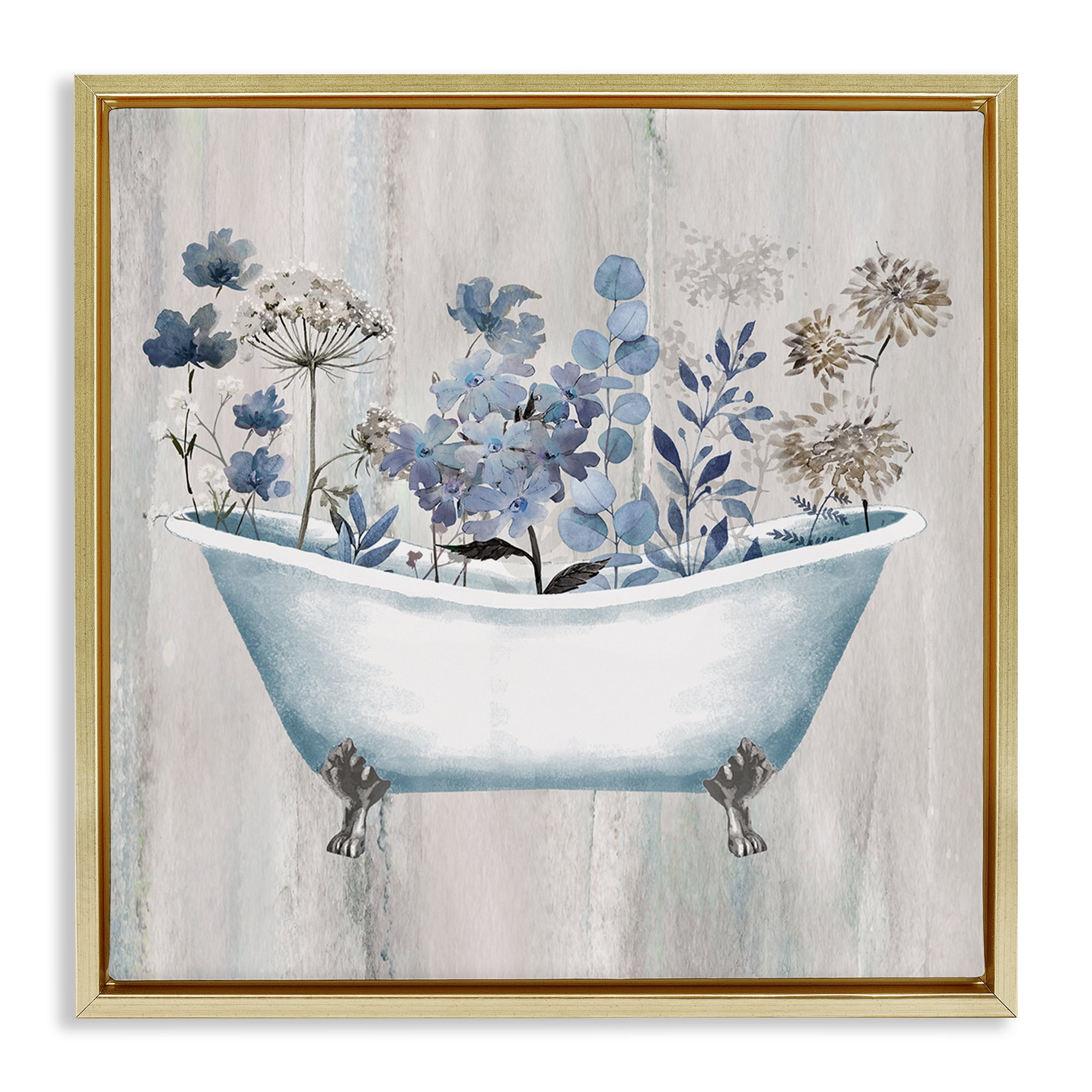 Stupell Industries Rustic Blue Floral Tub Bath & Laundry Painting Gold Floater Framed Canvas Art Print Wall Art, 25 x 25
