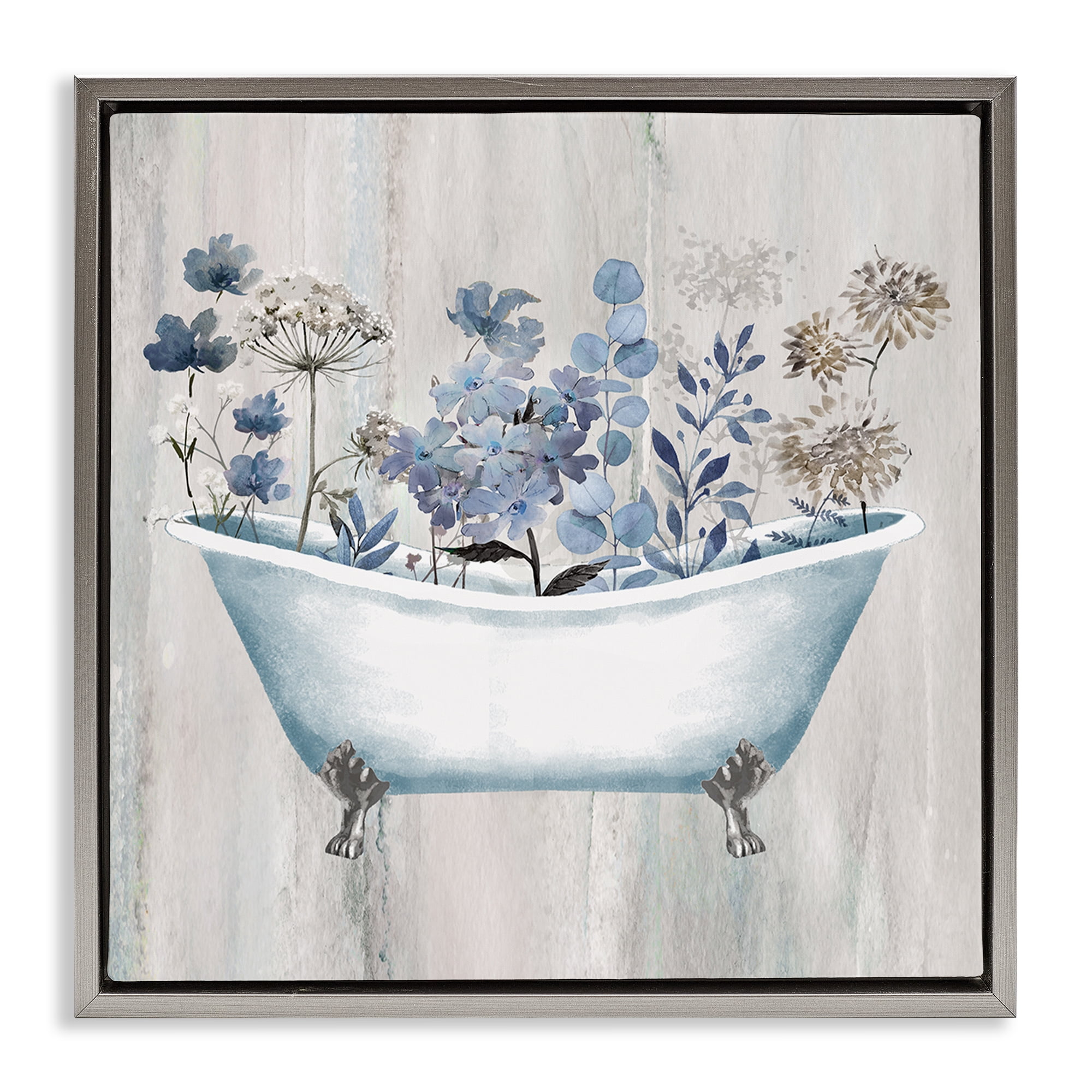 Stupell Industries Rustic Blue Floral Tub Bath & Laundry Painting Gray Floater Framed Canvas Art Print Wall Art, 25 x 25
