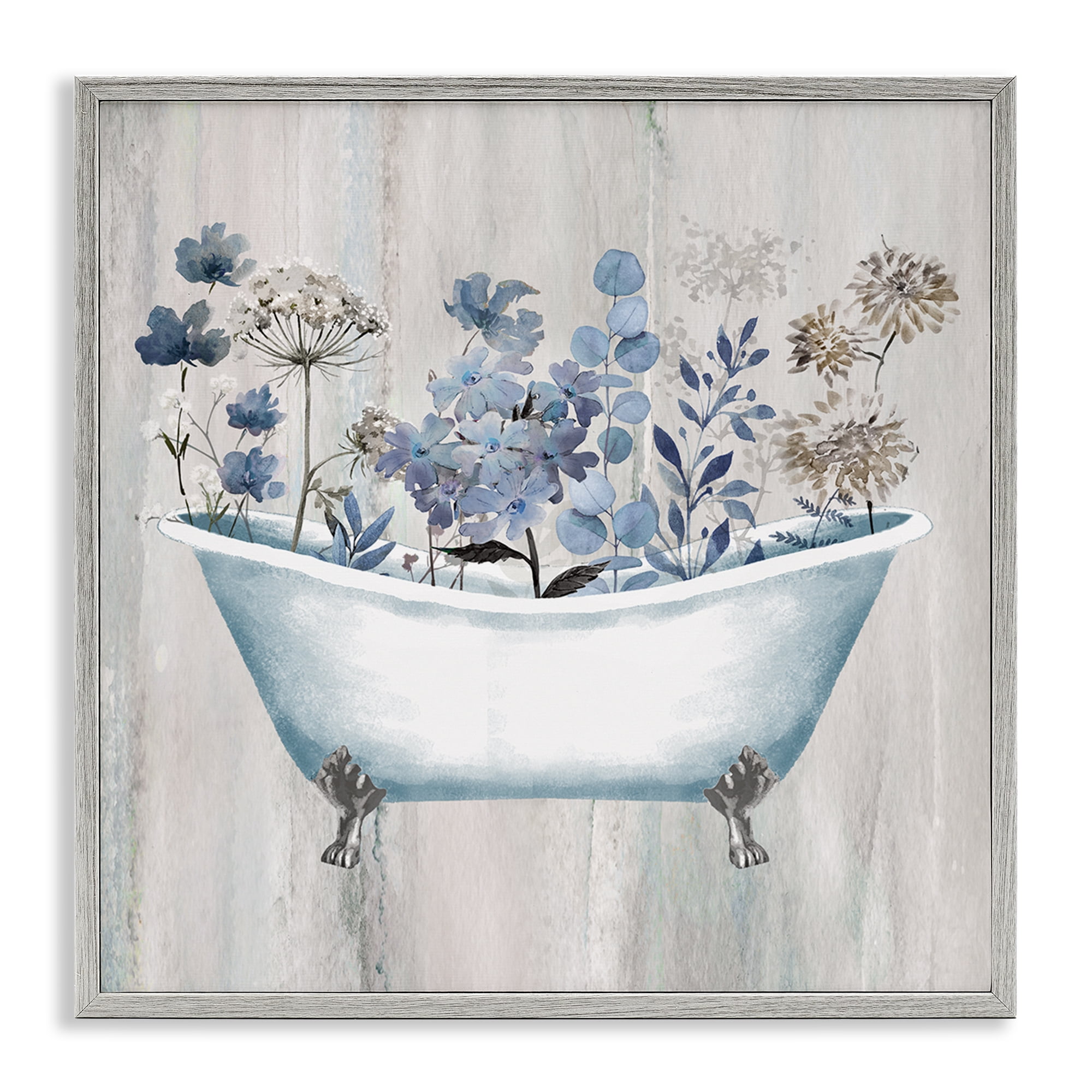 Stupell Industries Rustic Blue Floral Tub Bath & Laundry Painting Gray Framed Art Print Wall Art, 17 x 17