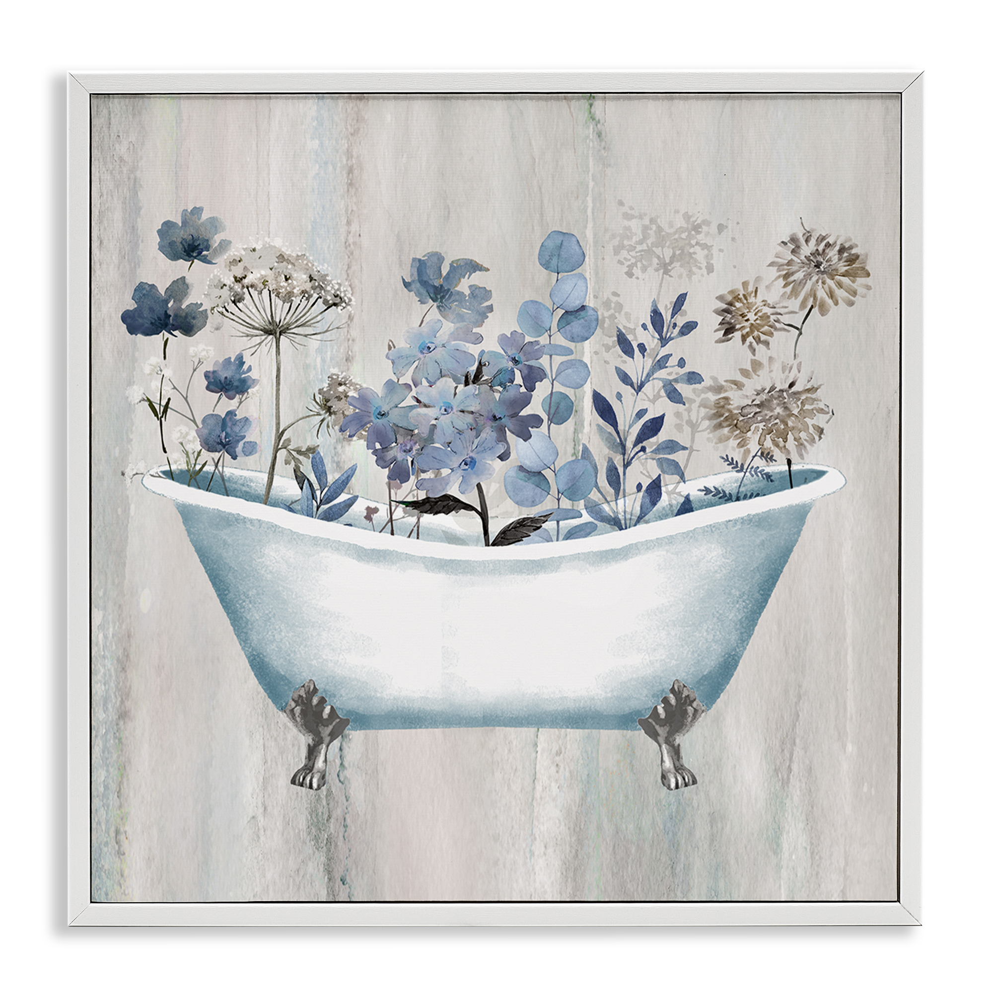 Stupell Industries Rustic Blue Floral Tub Bath & Laundry Painting White Framed Art Print Wall Art, 17 x 17