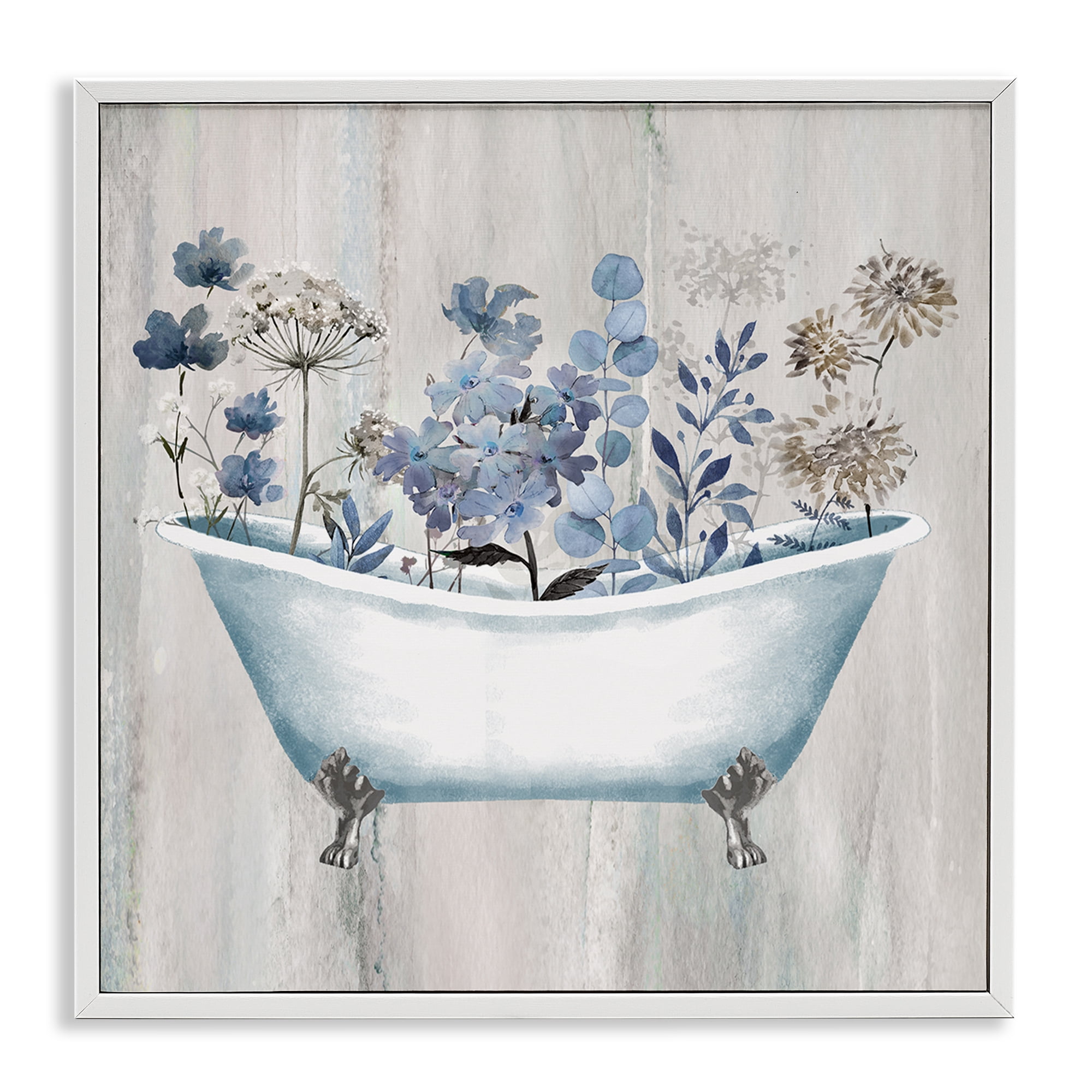 Stupell Industries Rustic Blue Floral Tub Bath & Laundry Painting White Framed Art Print Wall Art, 24 x 24