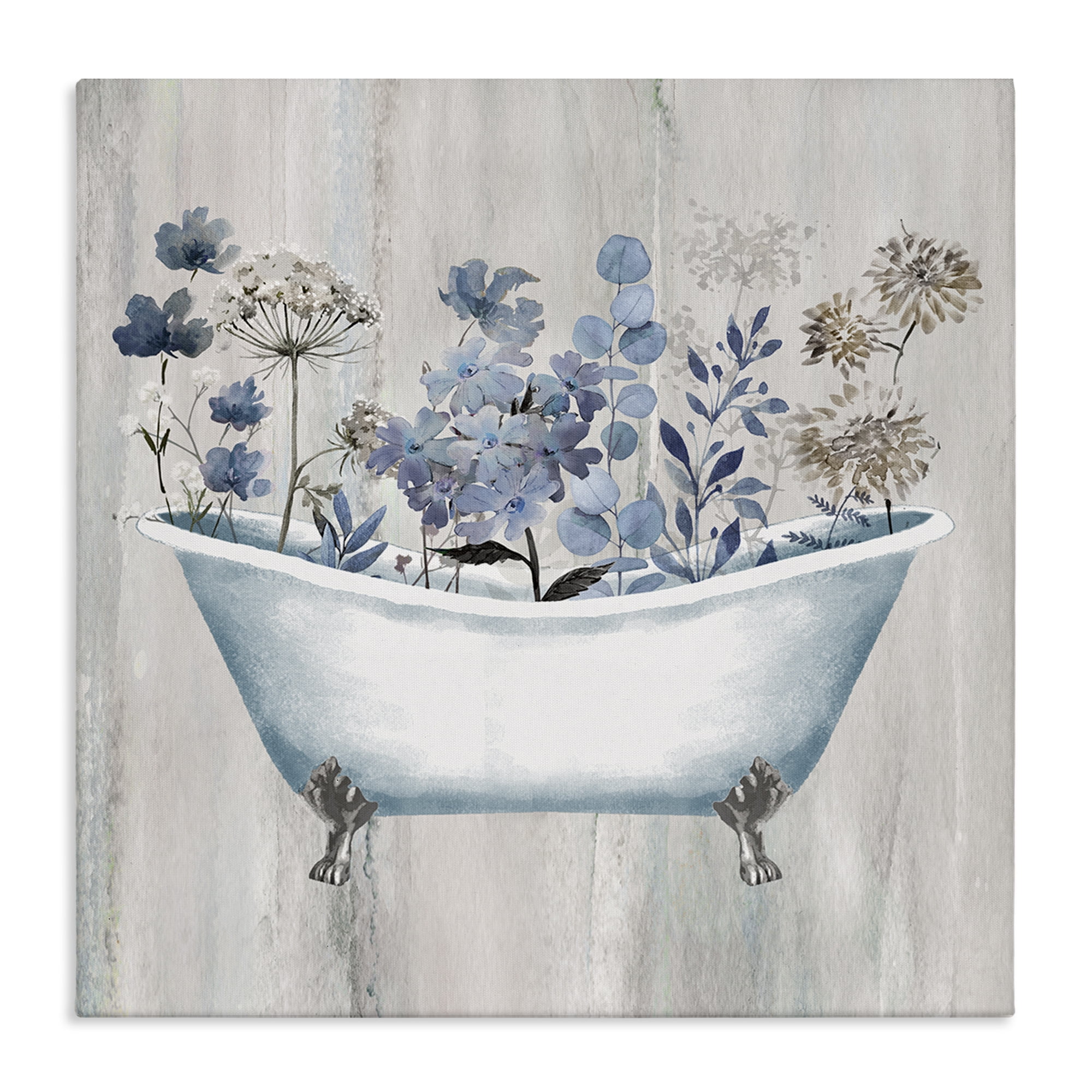 Stupell Industries Rustic Blue Floral Tub Bath & Laundry Painting Wrapped Canvas Art Print Wall Art, 30 x 30