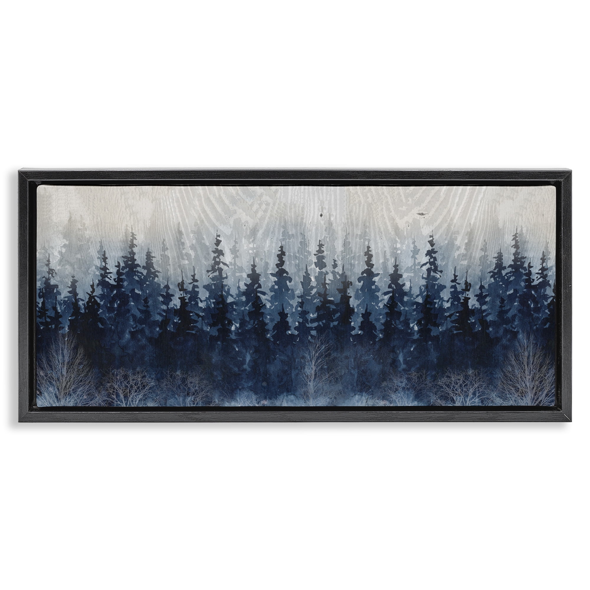 Stupell Industries Rustic Blue Forest Tree Line Landscape Painting Black Floater Framed Canvas Art Print Wall Art, 25 x 11