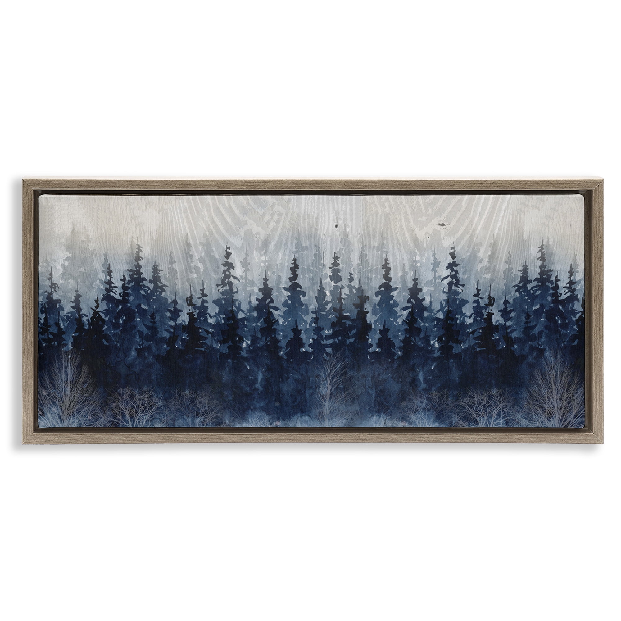 Stupell Industries Rustic Blue Forest Tree Line Landscape Painting Brown Floater Framed Canvas Art Print Wall Art, 31 x 14