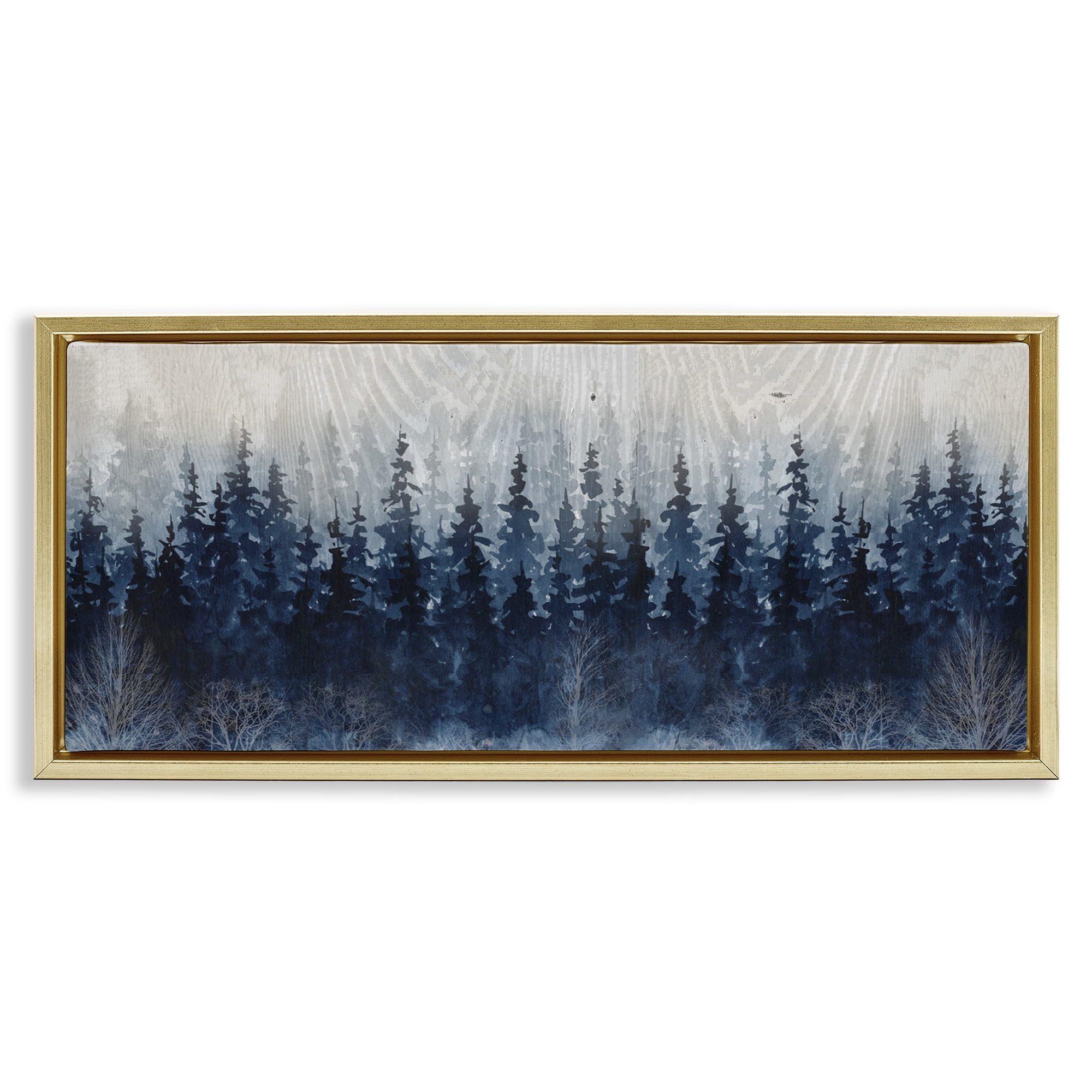 Stupell Industries Rustic Blue Forest Tree Line Landscape Painting Gold Floater Framed Canvas Art Print Wall Art, 25 x 11