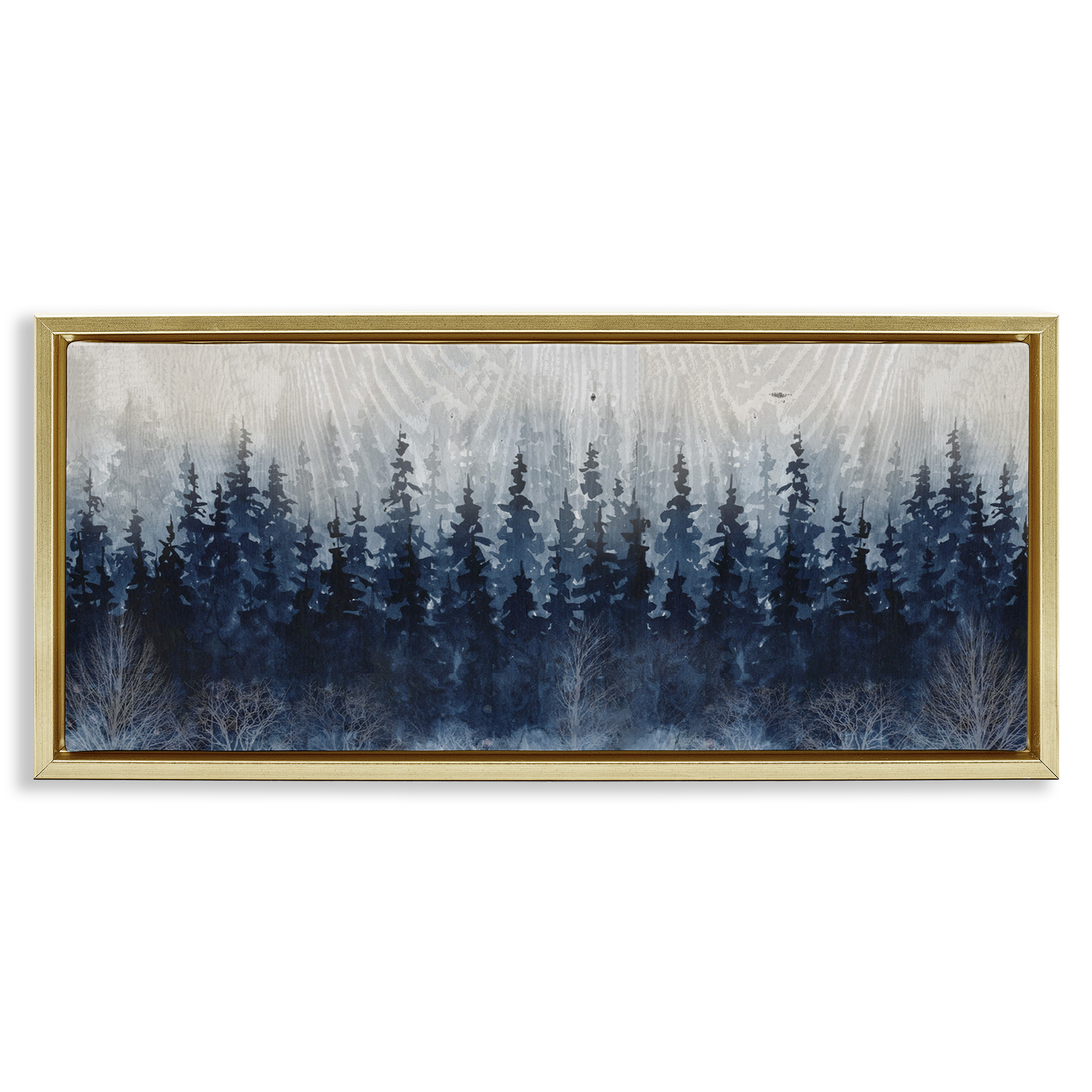 Stupell Industries Rustic Blue Forest Tree Line Landscape Painting Gold Floater Framed Canvas Art Print Wall Art, 31 x 14
