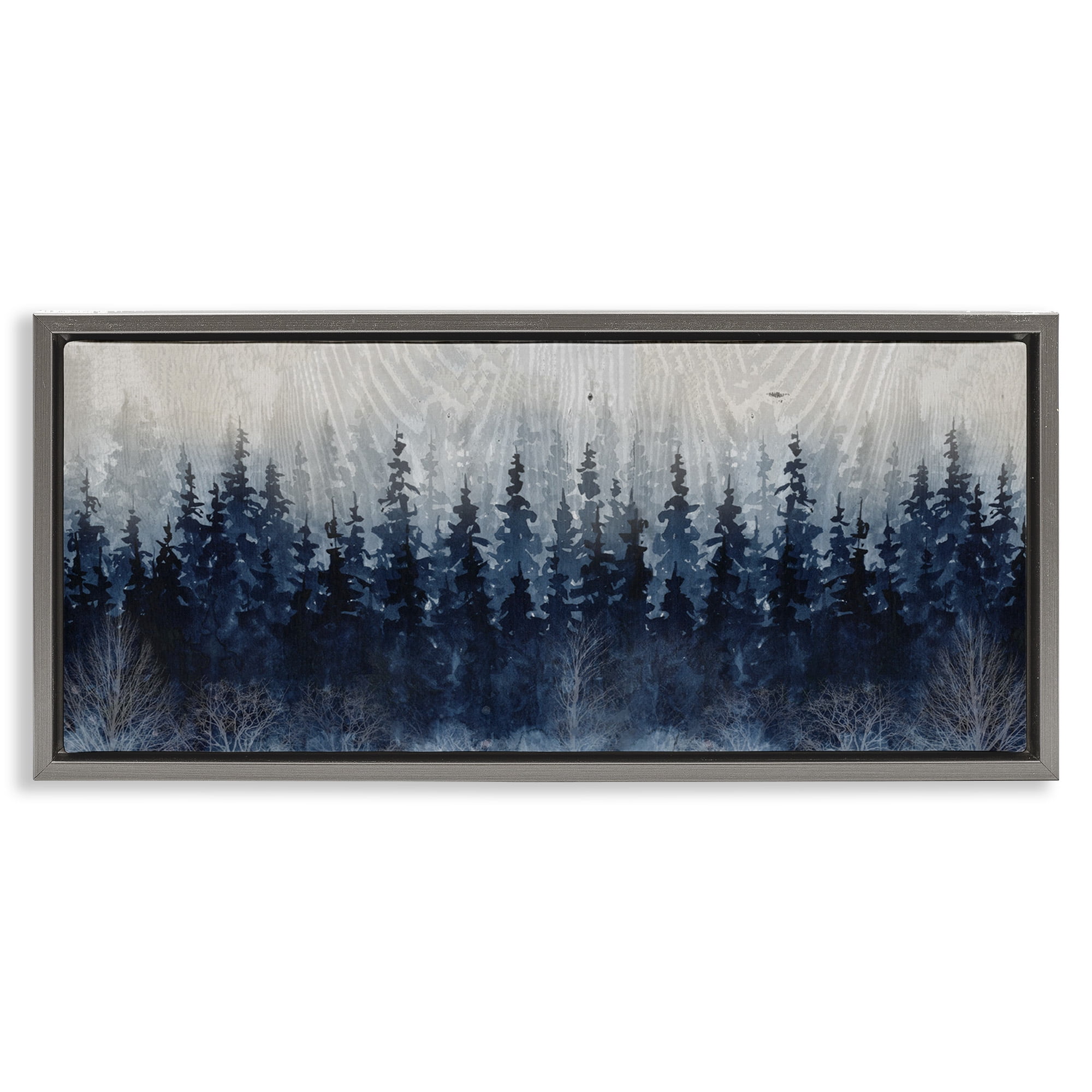 Stupell Industries Rustic Blue Forest Tree Line Landscape Painting Gray Floater Framed Canvas Art Print Wall Art, 25 x 11