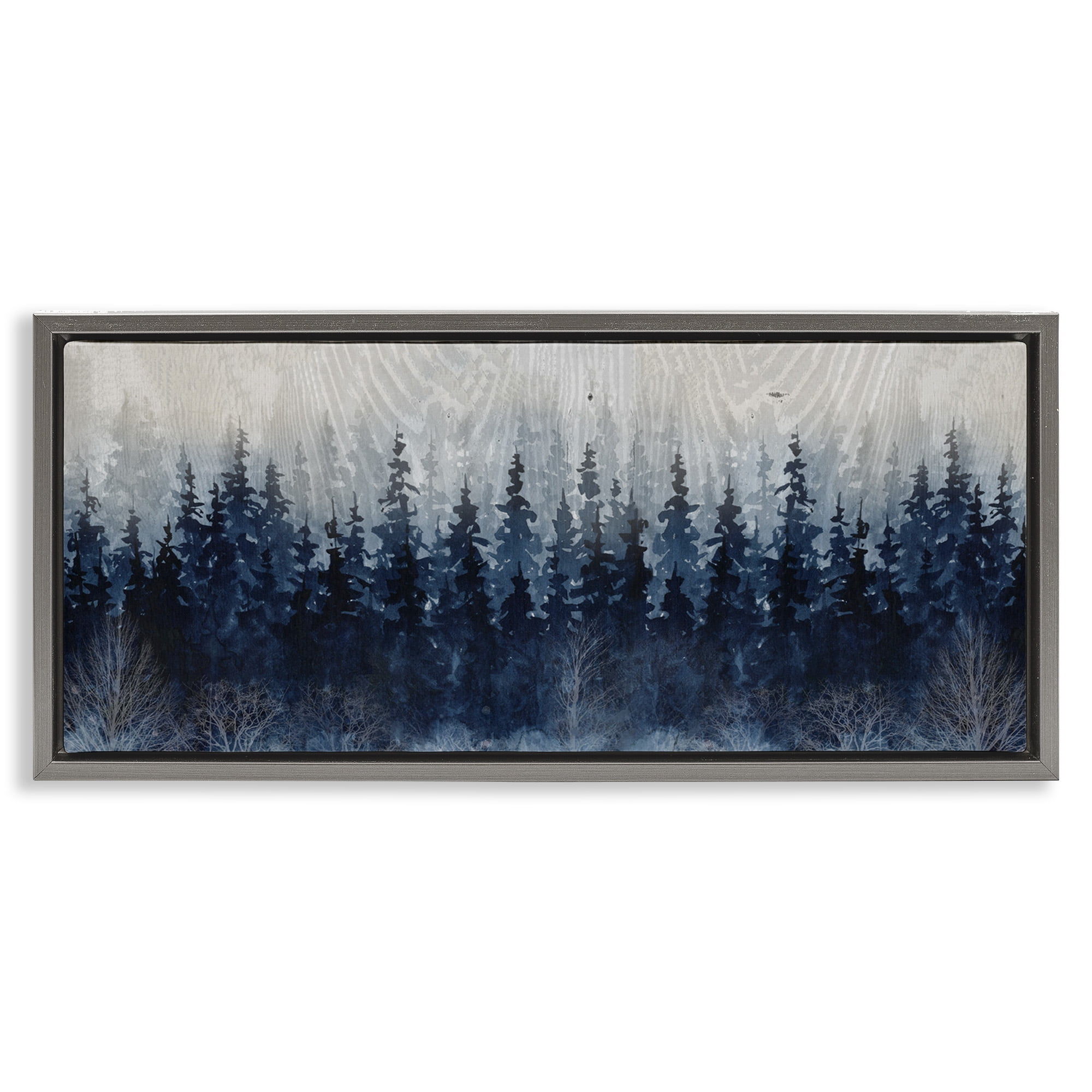 Stupell Industries Rustic Blue Forest Tree Line Landscape Painting Gray Floater Framed Canvas Art Print Wall Art, 31 x 14
