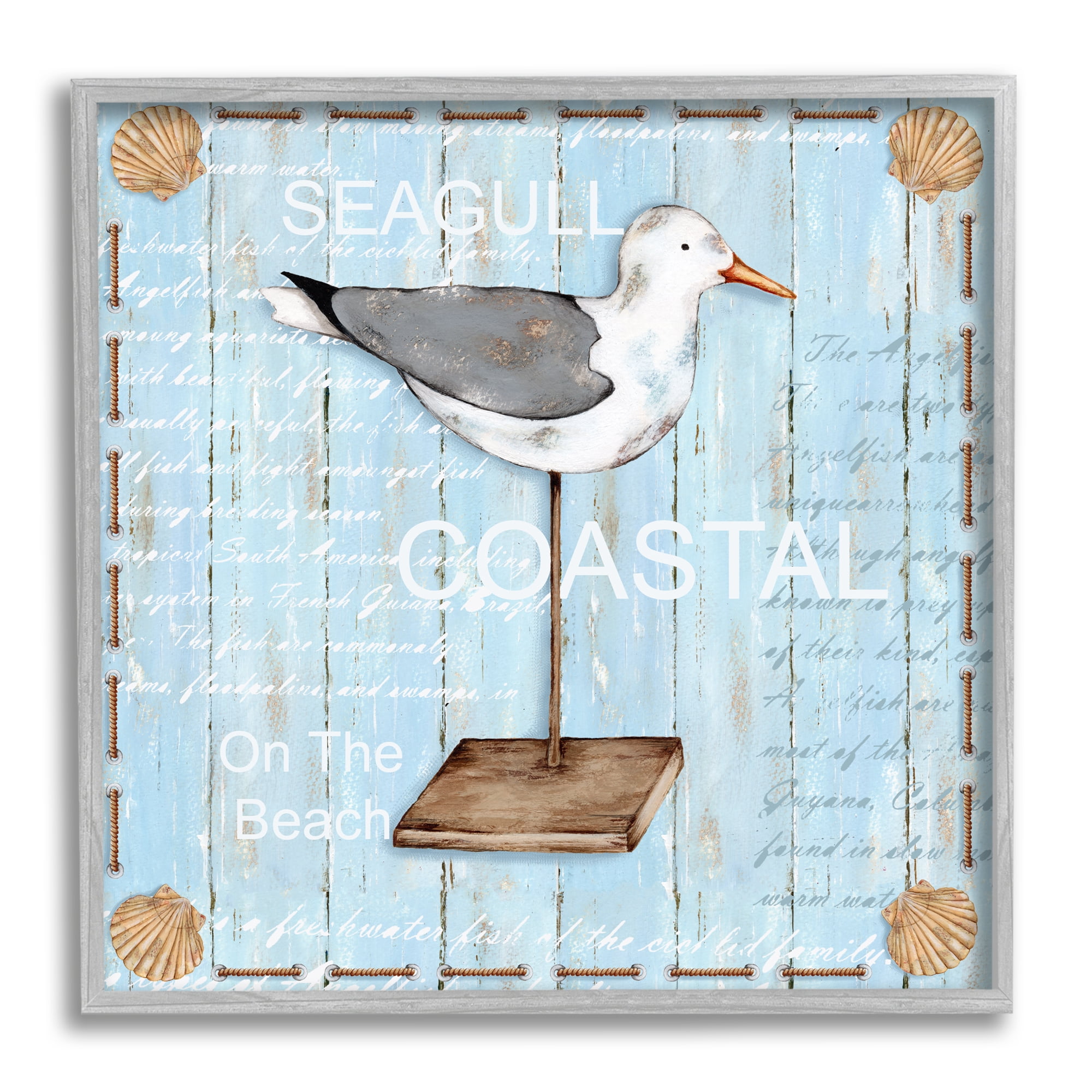 Stupell Industries Rustic Blue Seagull Animals & Insects Painting Gray Framed Art Print Wall Art, 24 x 24