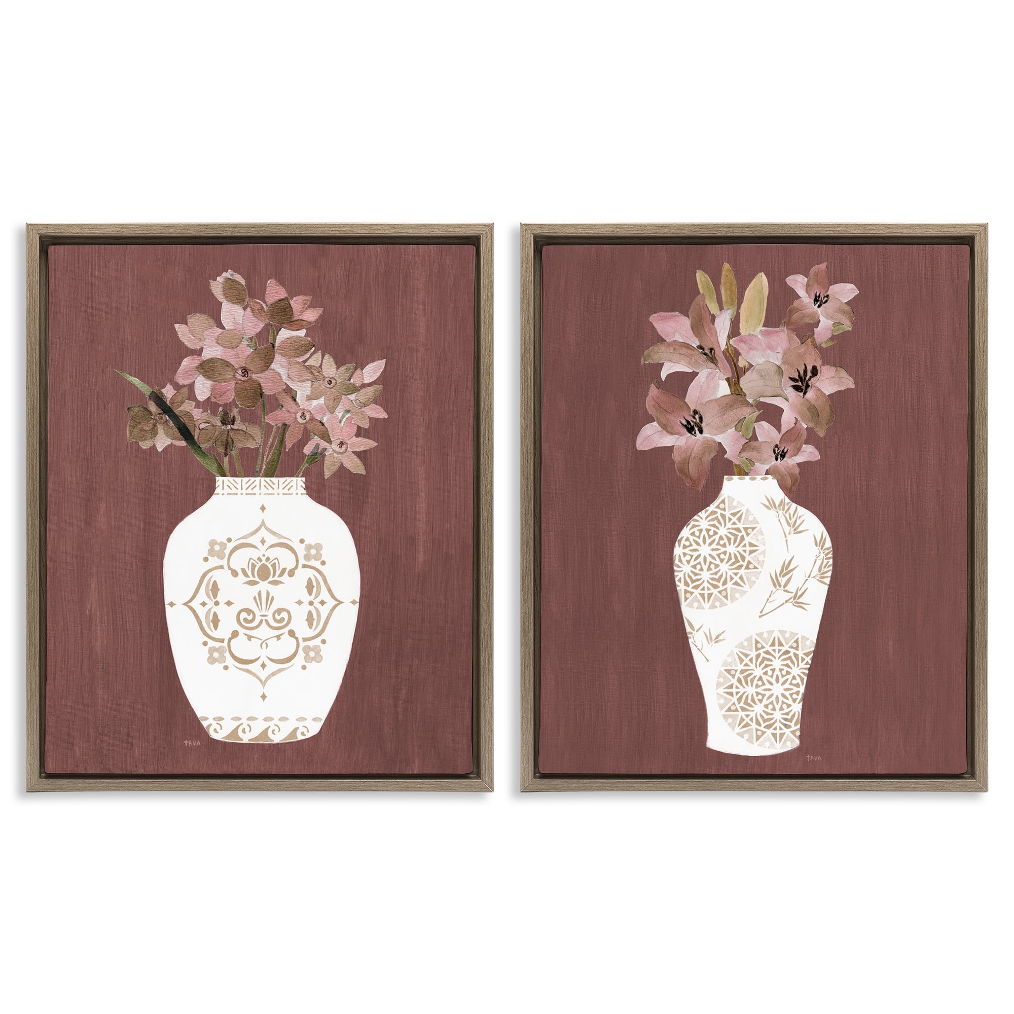 Stupell Industries Rustic Boho Bouquets Plants & Flowers Painting Brown Floater Framed Canvas Art Print Wall Art, 31 x 25, Set of 2