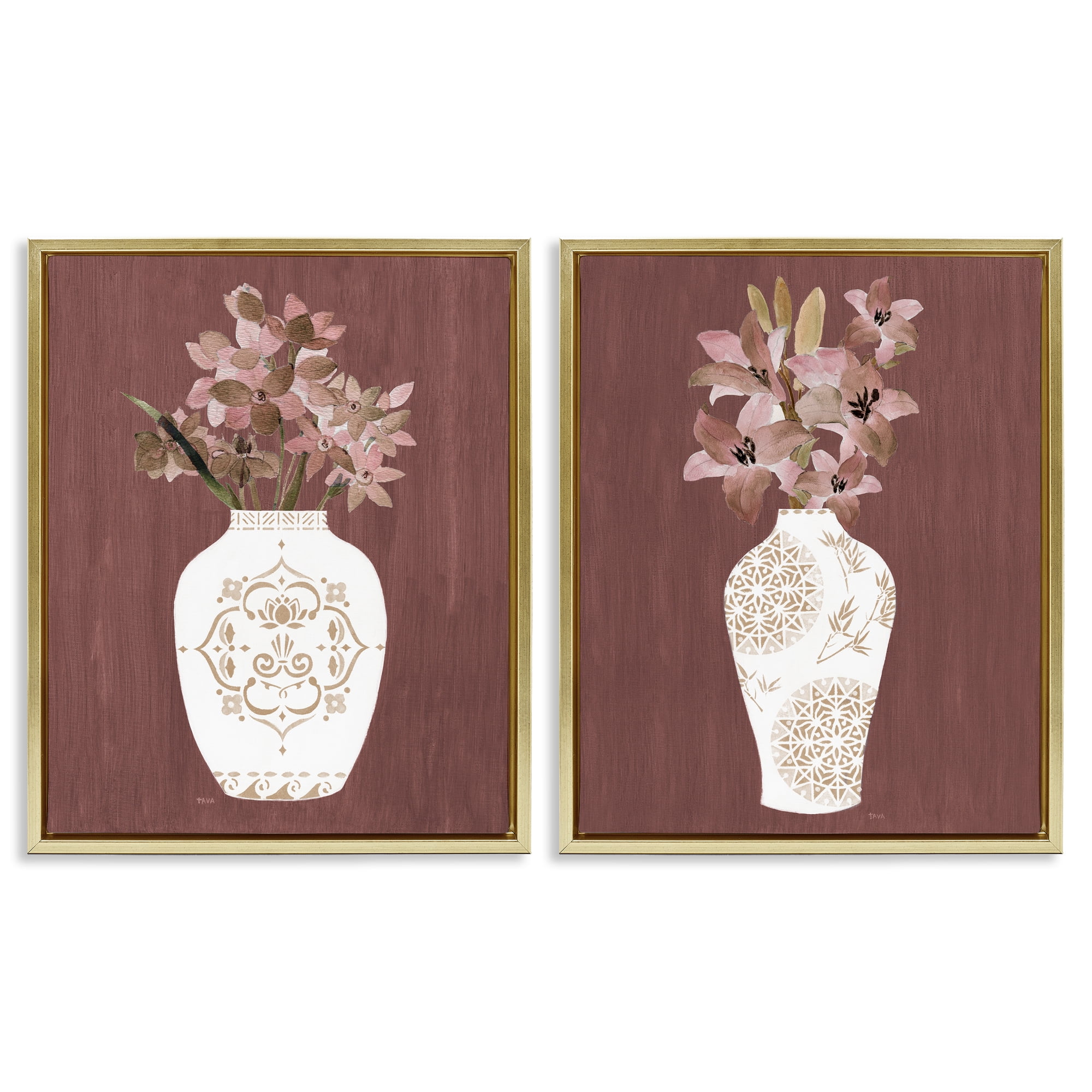 Stupell Industries Rustic Boho Bouquets Plants & Flowers Painting Gold Floater Framed Canvas Art Print Wall Art, 31 x 25, Set of 2