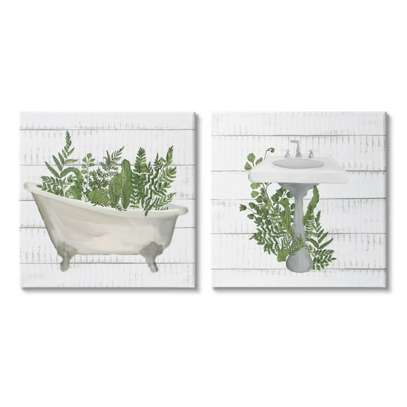 Stupell Rustic Botanical Herbs Bathroom Sink Bathtub Ferns Canvas Wall Art, 17 x 17, Design by Kim Allen