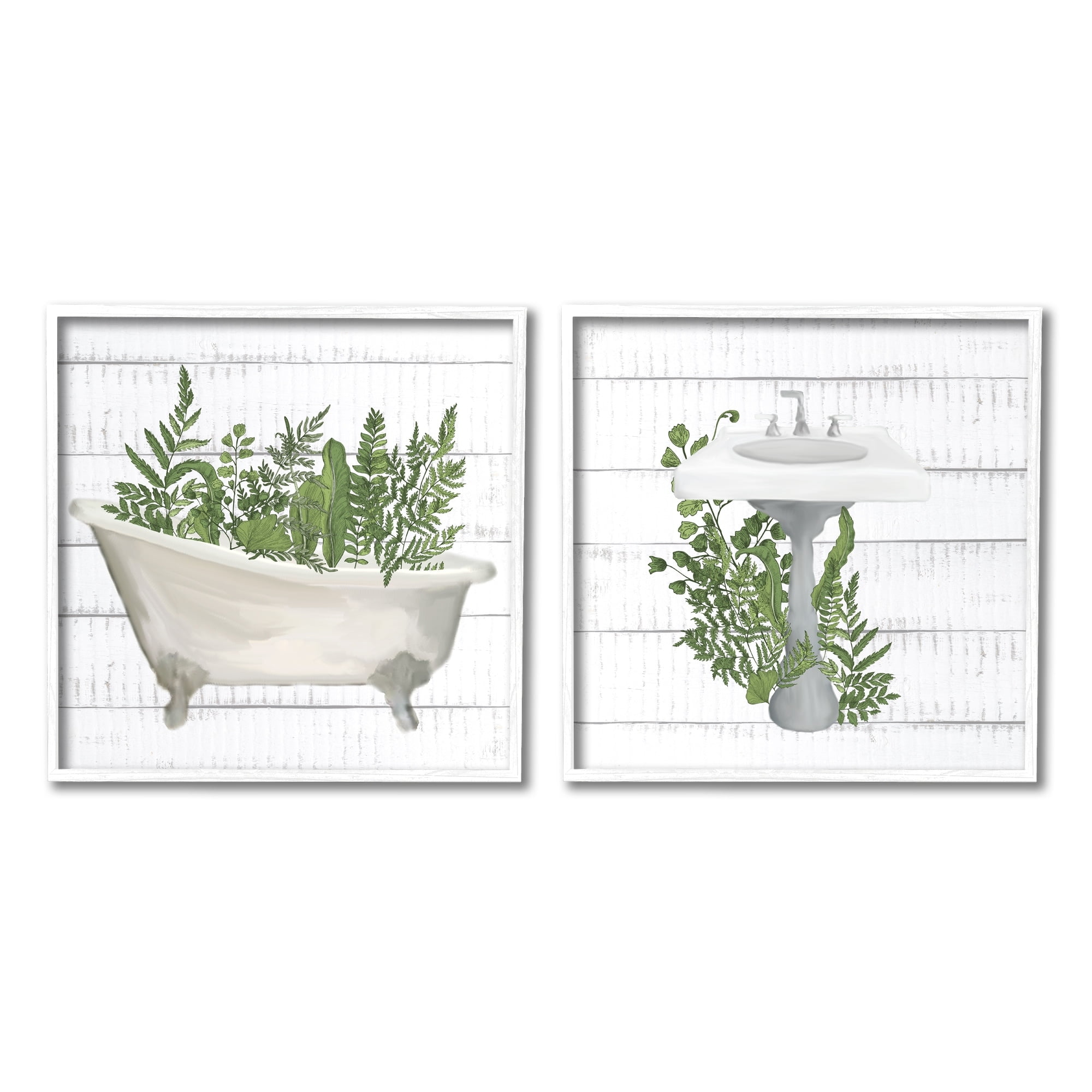 Rustic Botanical Herbs Bathroom Sink Bathtub Ferns Botanical & Floral Painting Framed Art Print Wall Art, Set Of 2