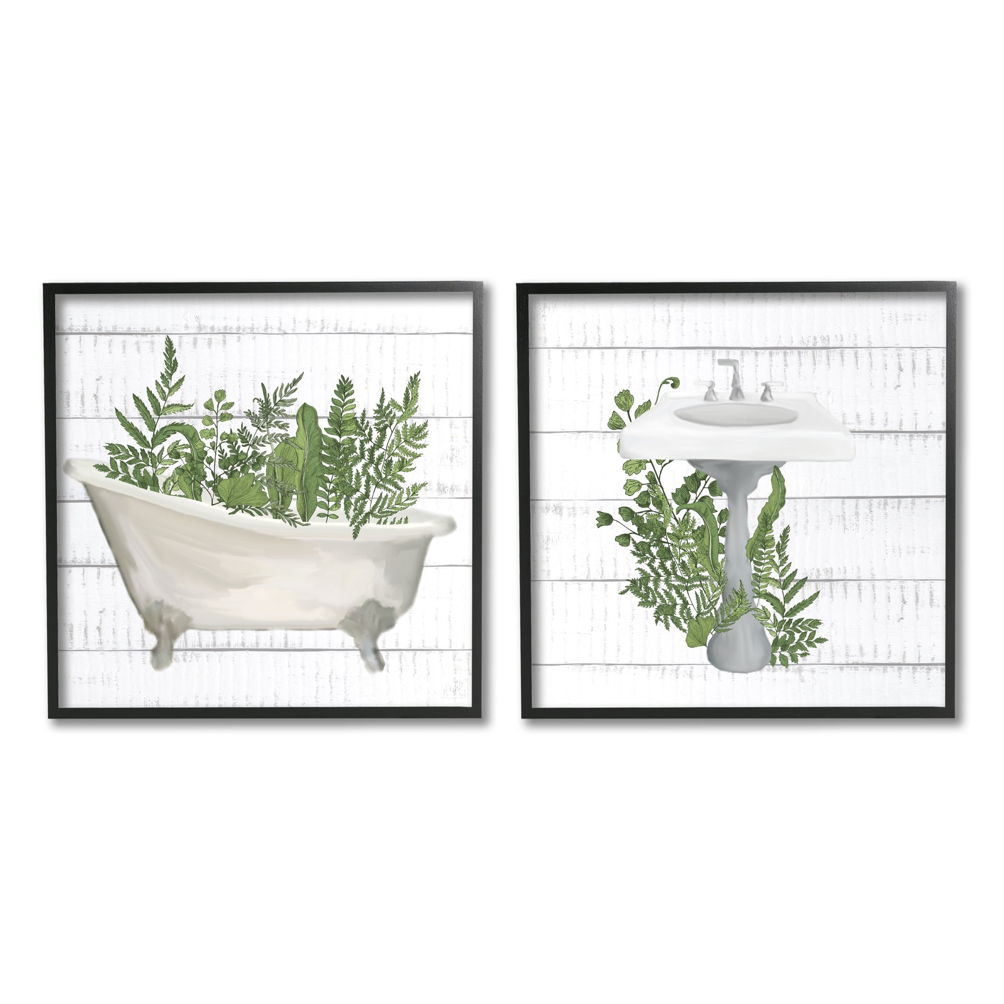 Stupell Industries Rustic Botanical Herbs Bathroom Sink Bathtub Ferns Framed Wall Art, 12 x 12, Design by Kim Allen
