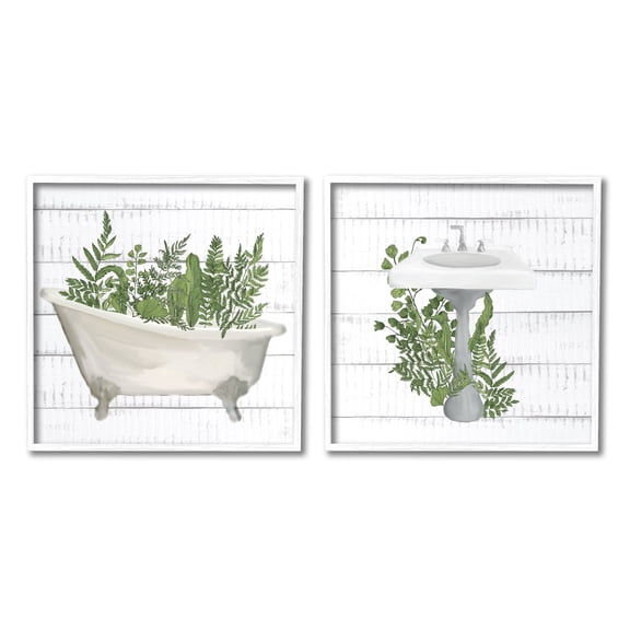 Rustic Botanical Herbs Bathroom Sink Bathtub Ferns Botanical & Floral Painting Framed Art Print Wall Art, Set Of 2