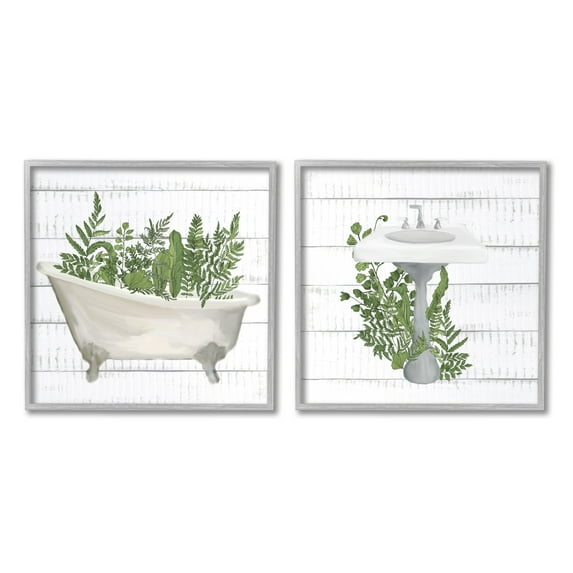 Stupell Industries Rustic Botanical Herbs Bathroom Sink Bathtub Ferns Framed Wall Art, 24 x 24, Design by Kim Allen
